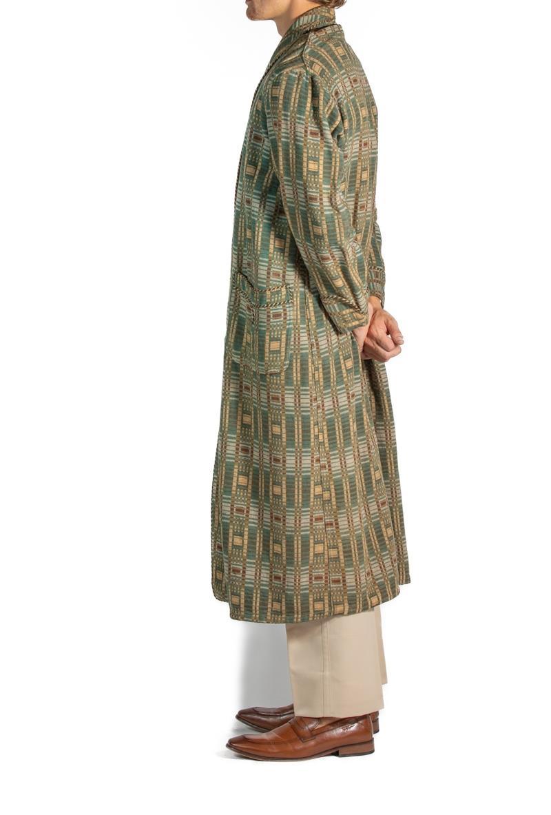 1920S Dark Teal & Brown Wool/Cotton Mens Robe In Excellent Condition For Sale In New York, NY