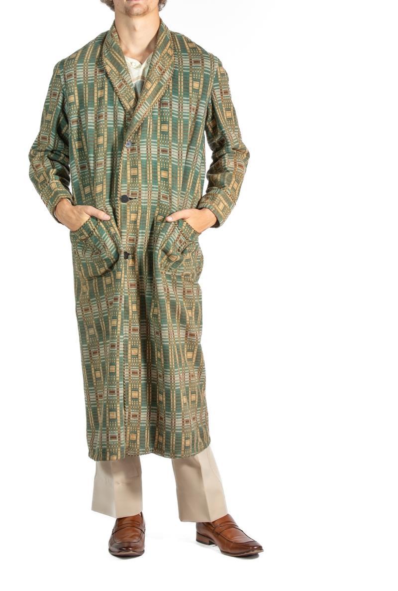 1920S Dark Teal & Brown Wool/Cotton Mens Robe For Sale 2