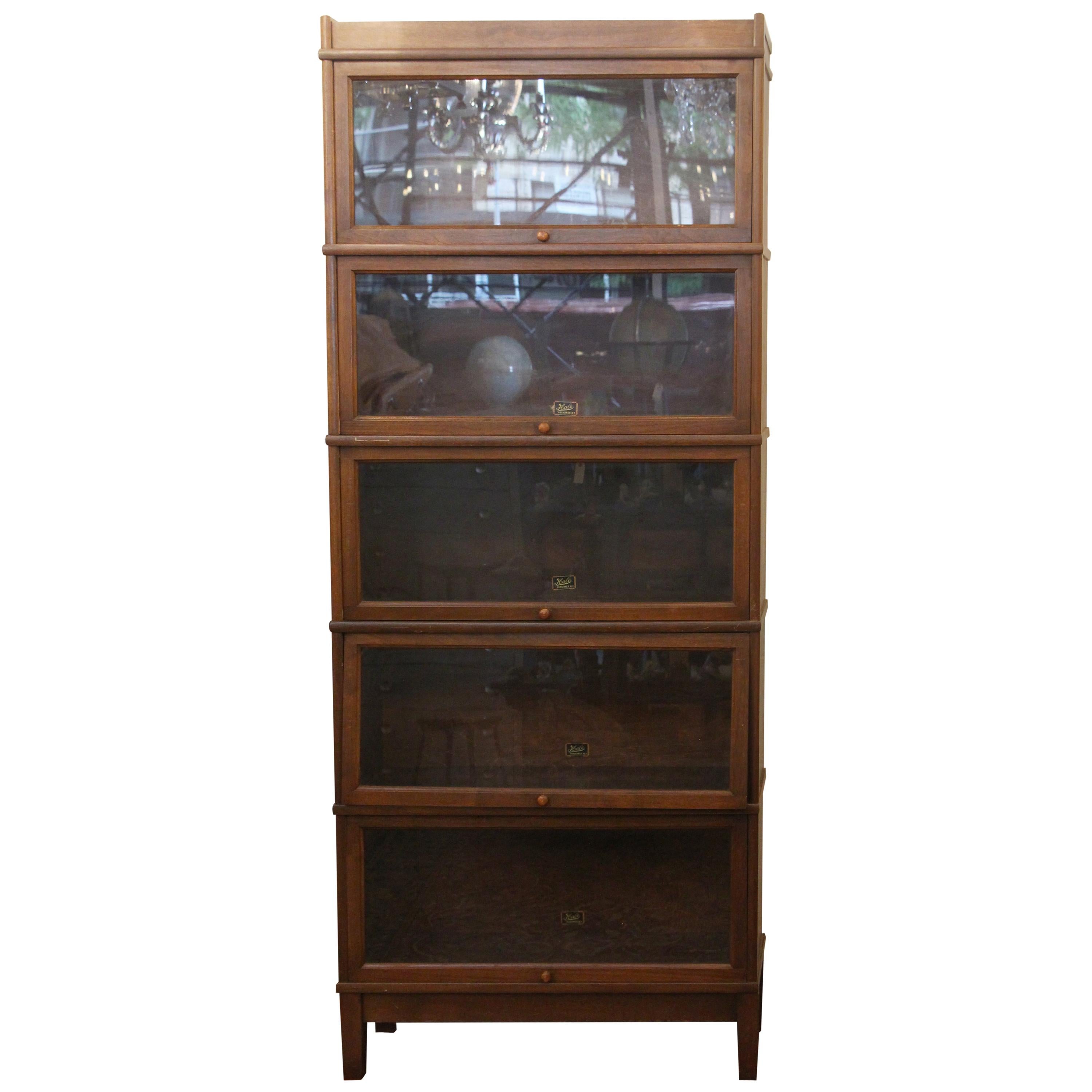 1920s Dark Wood Tone Five-Section Barrister Bookcase with Pull Out Glass Doors