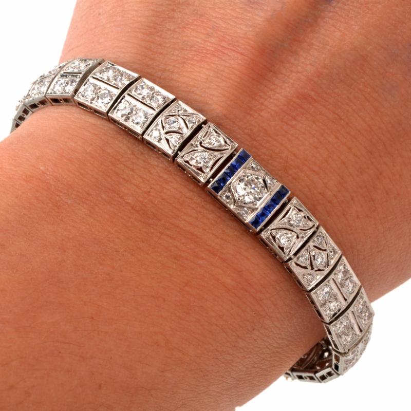 Art Deco 1920s Deco Diamond Sapphire Filigree Platinum Link Bracelet