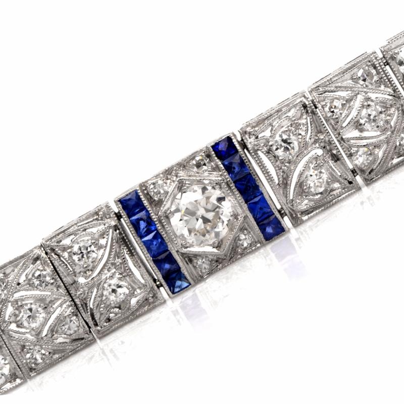 1920s Deco Diamond Sapphire Filigree Platinum Link Bracelet In Good Condition In Miami, FL