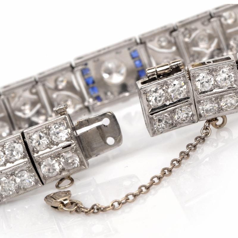 Women's or Men's 1920s Deco Diamond Sapphire Filigree Platinum Link Bracelet