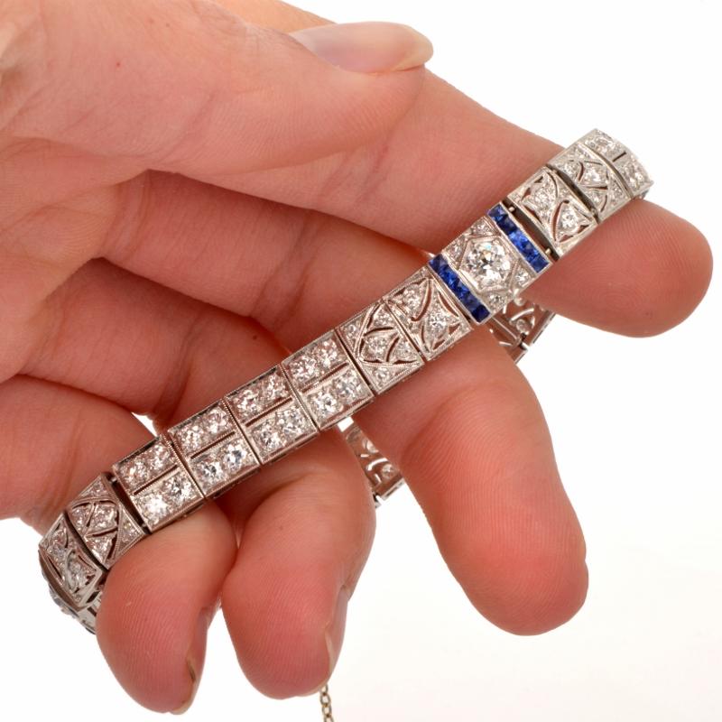1920s Deco Diamond Sapphire Filigree Platinum Link Bracelet 1
