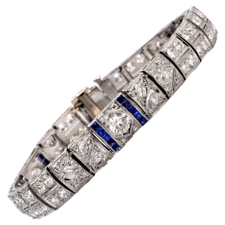 1920s Deco Diamond Sapphire Filigree Platinum Link Bracelet