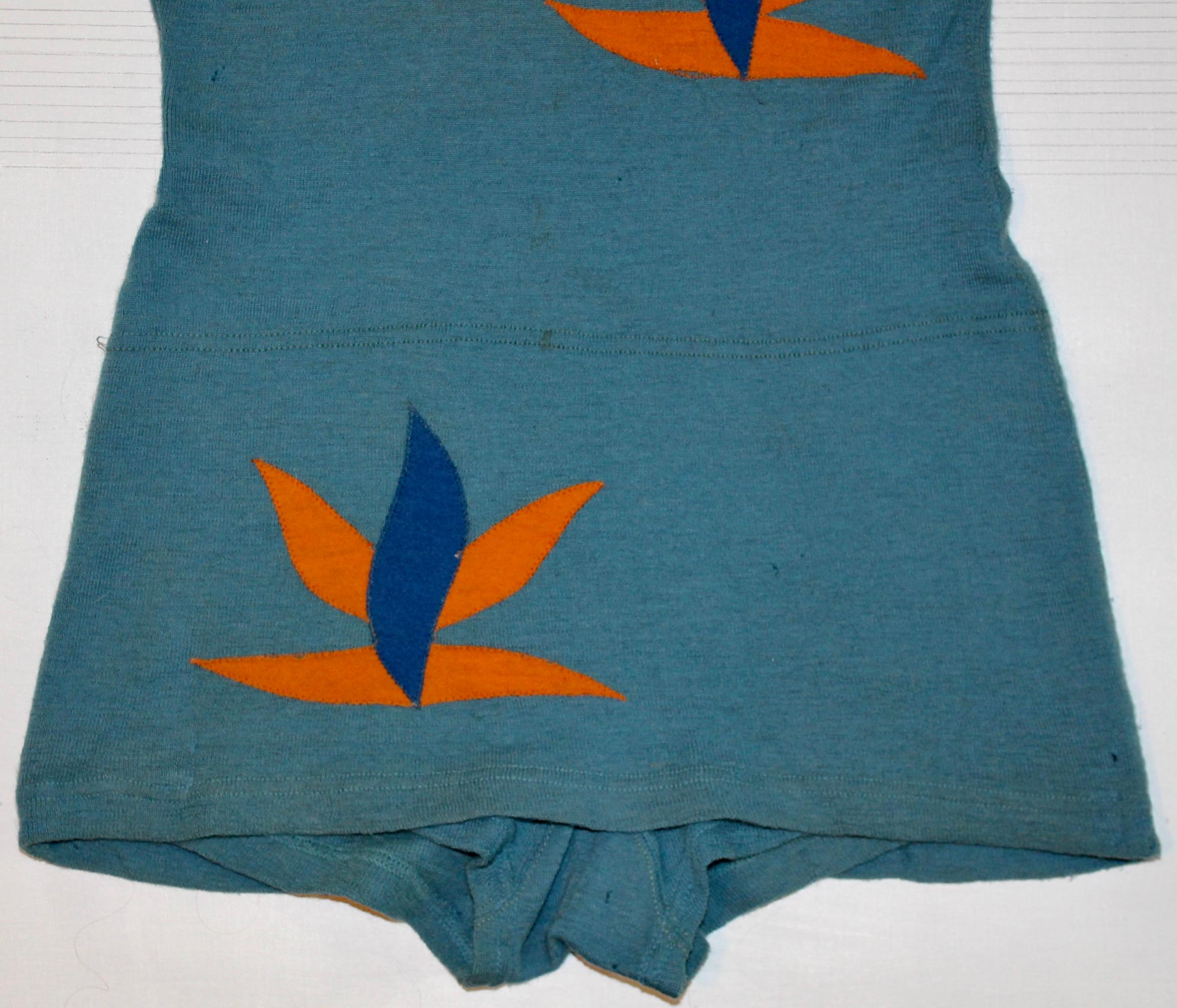 Blue 1920s Deco Wool Bathing Costume For Sale