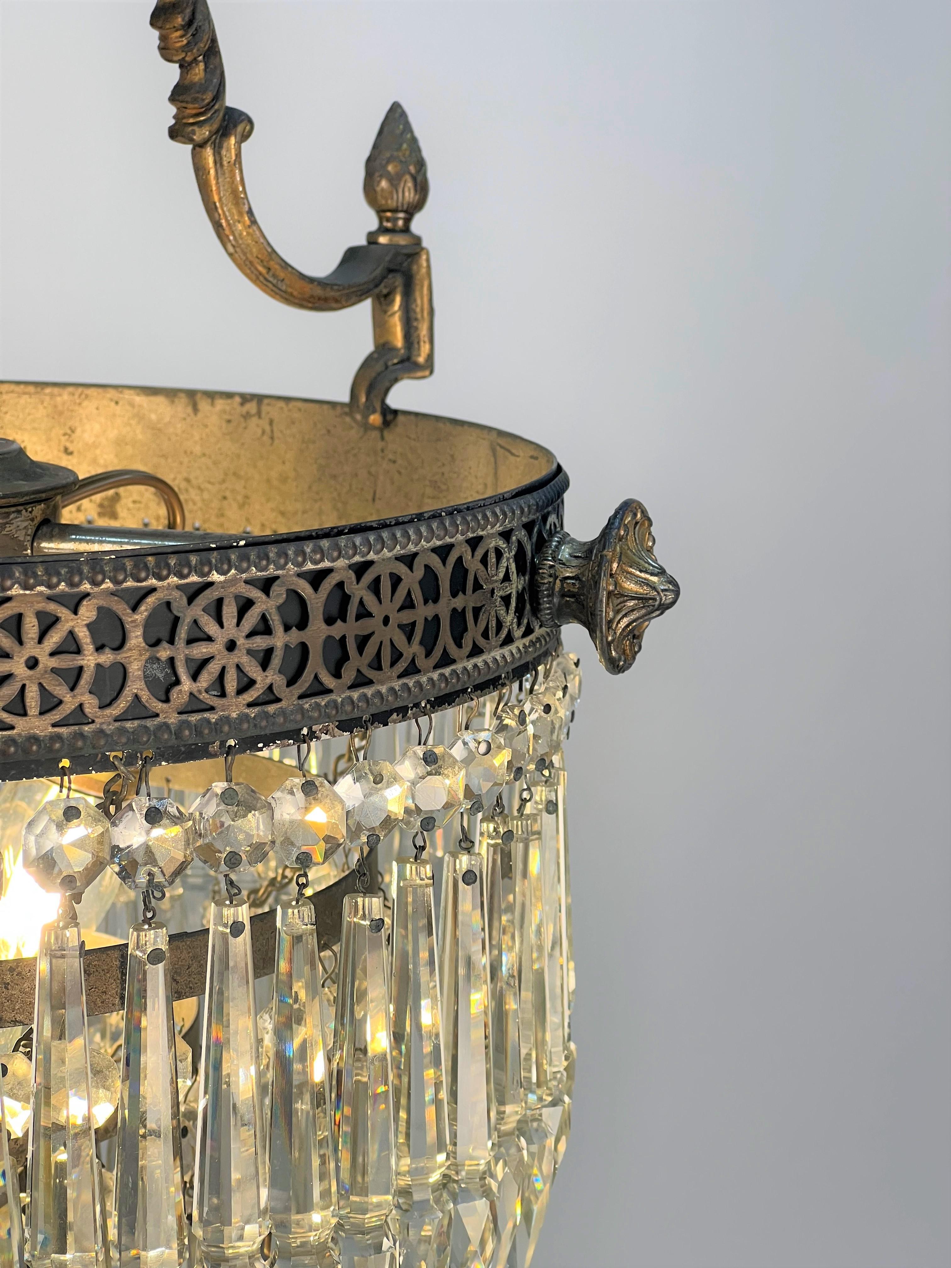1920's Decorative Crystal and Brass Chandelier In Good Condition In Denver, CO
