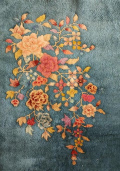 1920s Deep Green Colorful Floral Antique Chinese Art Deco Rug 2'2"x3'10" Carpet