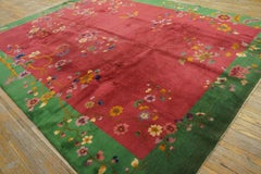 1920s Deep Wine Red-Green Floral Antique Chinese Art Deco Rug 9' x 11'8" Carpet