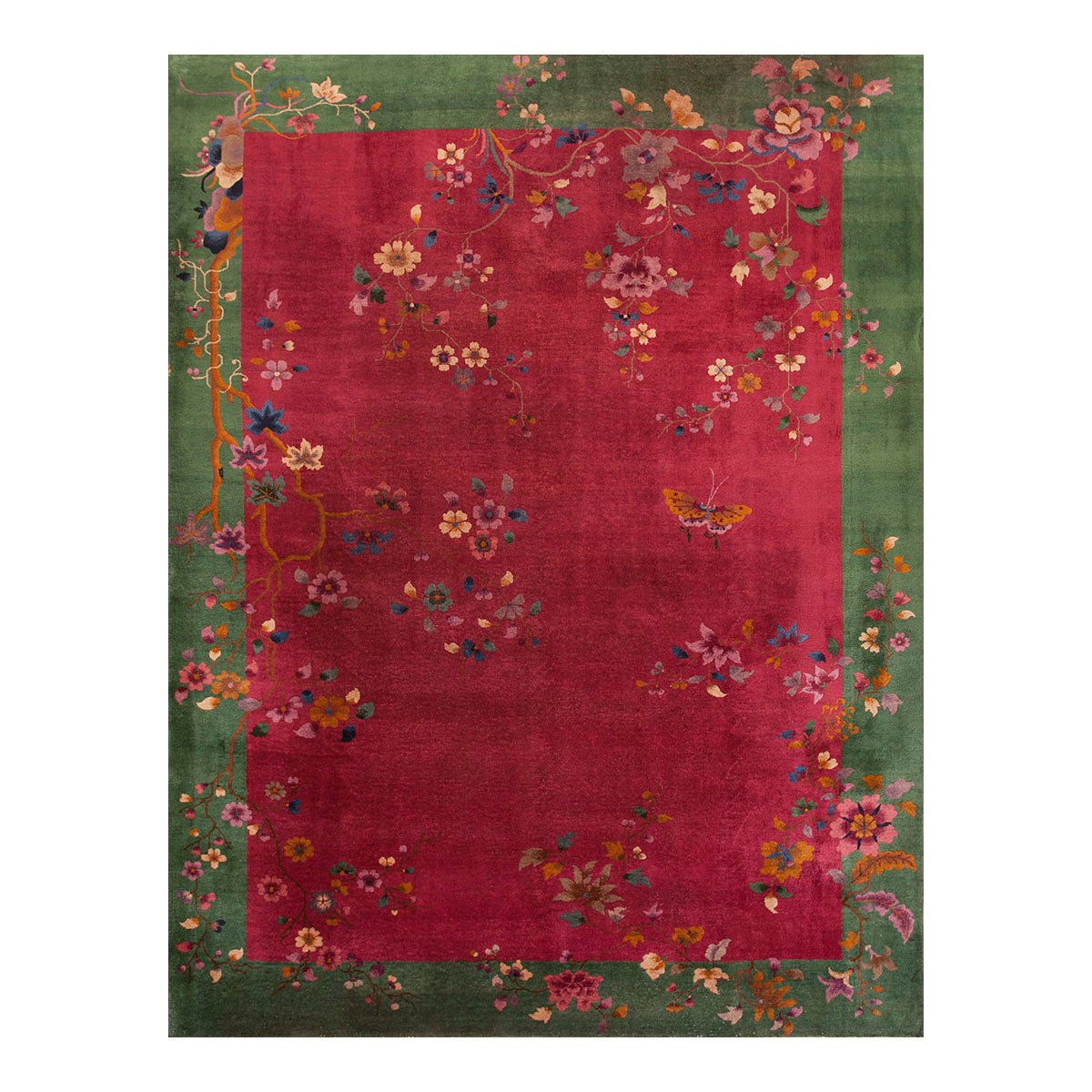1920s Deep Wine Red-Green Floral Antique Chinese Art Deco Rug 9
 x 11
8" Carpet