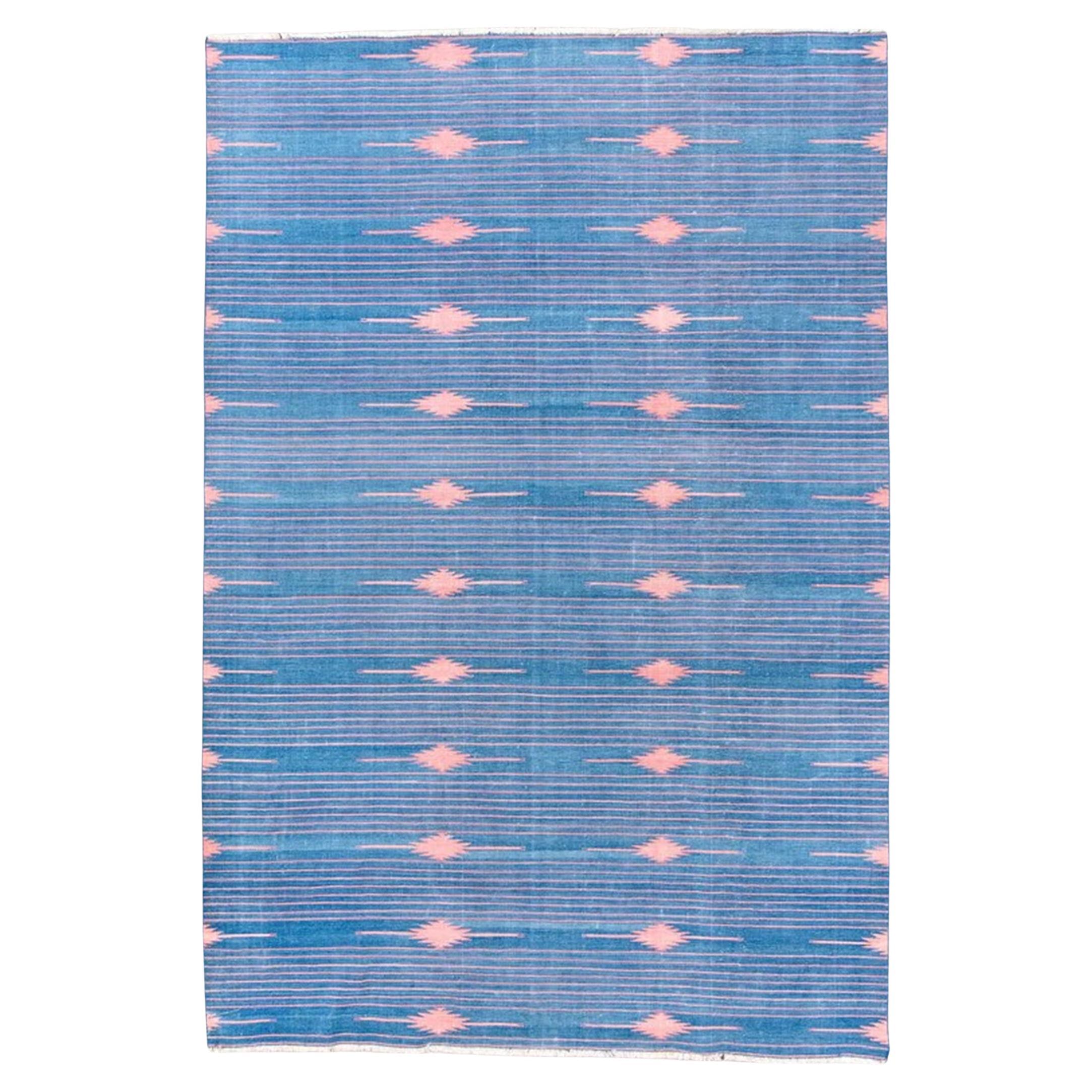 1920's Denim Blue Indian Dhurrie with Pink Stripes and An All Over Design