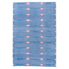1920's Denim Blue Indian Dhurrie with Pink Stripes and An All Over Design
