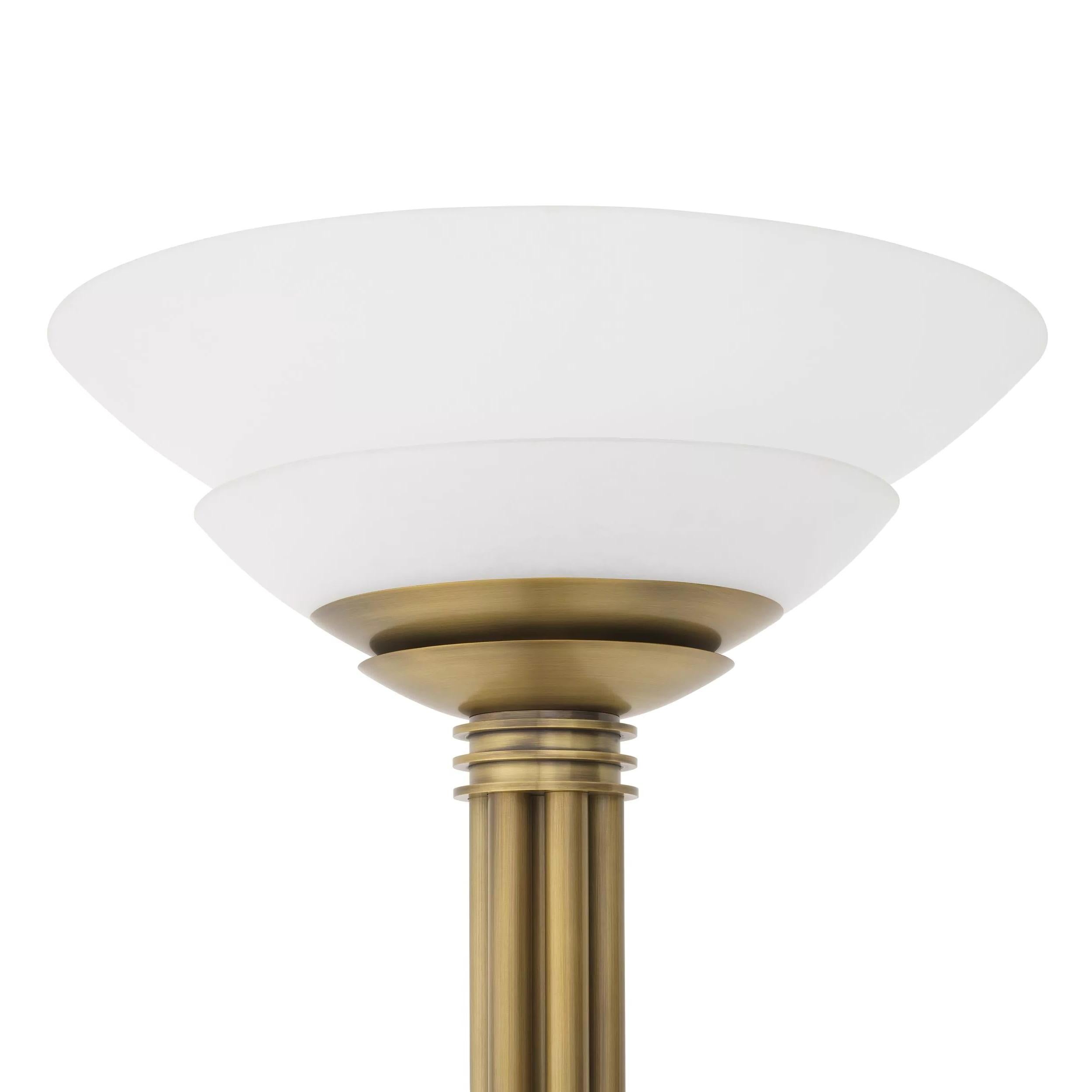 1920s Design and Art Deco style brass and white opaline glass floor lamp composed of a brass finishes metal structure adorned with handmade white opaline glass two tier bowl shaped shades. 1 E27 light bulb required.