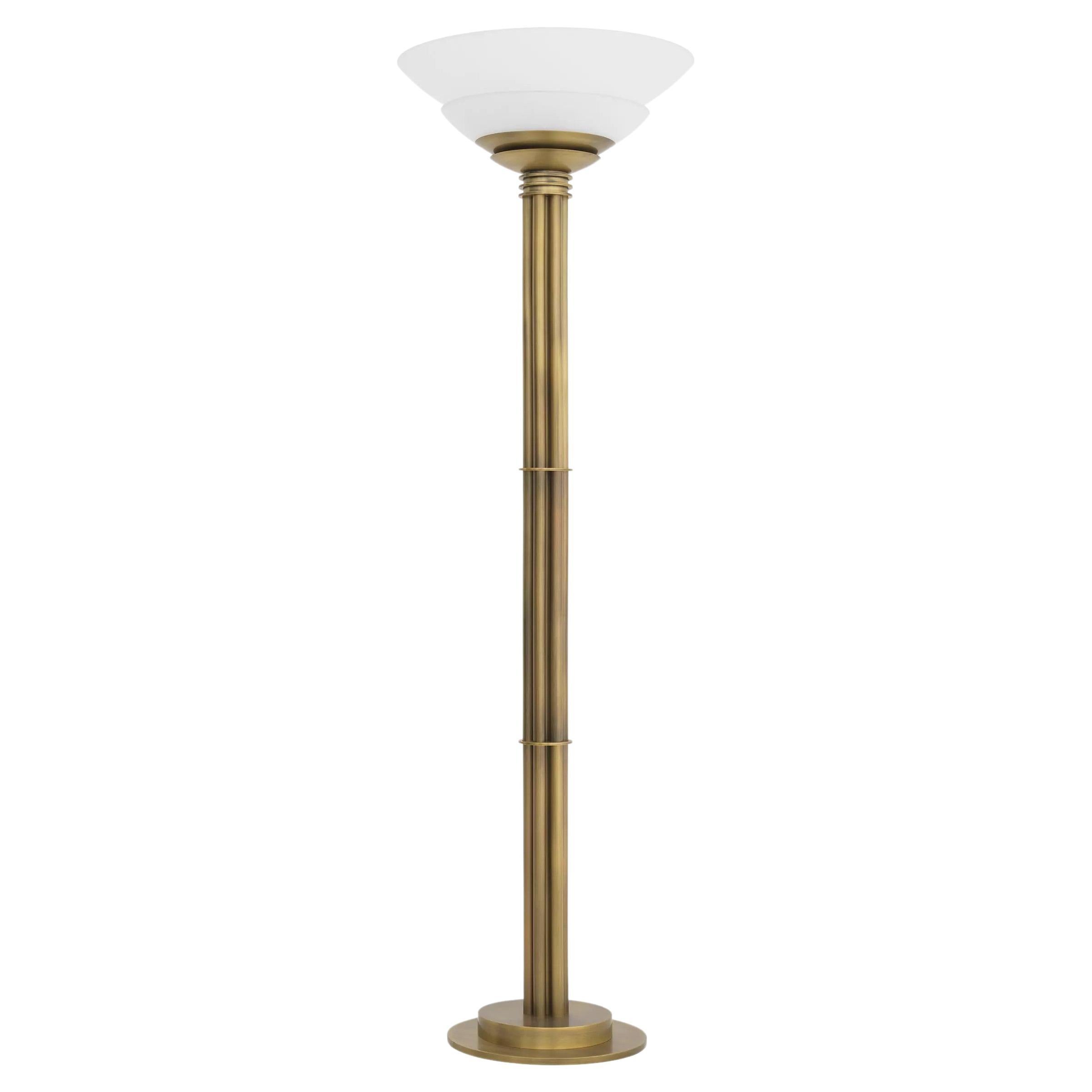 1920s Design and Art Deco Style Brass and White Opaline Glass Floor Lamp For Sale