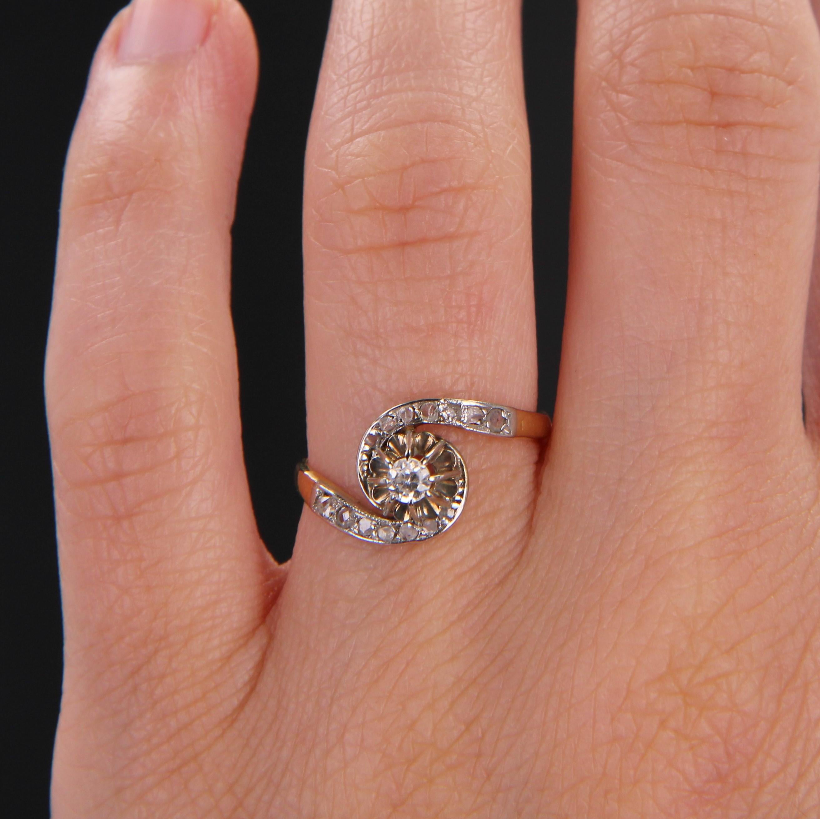 Brilliant Cut 1920s Diamond 18 Karat Yellow Gold Platinum Swirl Ring For Sale