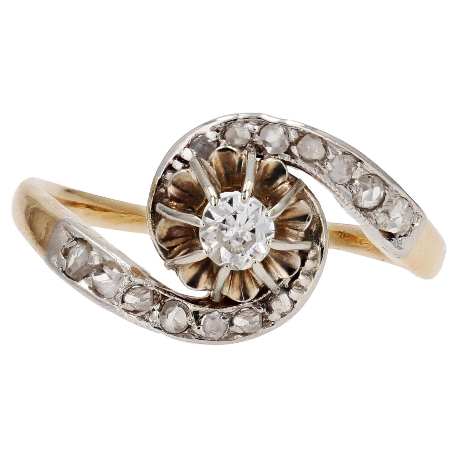 1920s Diamond 18 Karat Yellow Gold Platinum Swirl Ring For Sale