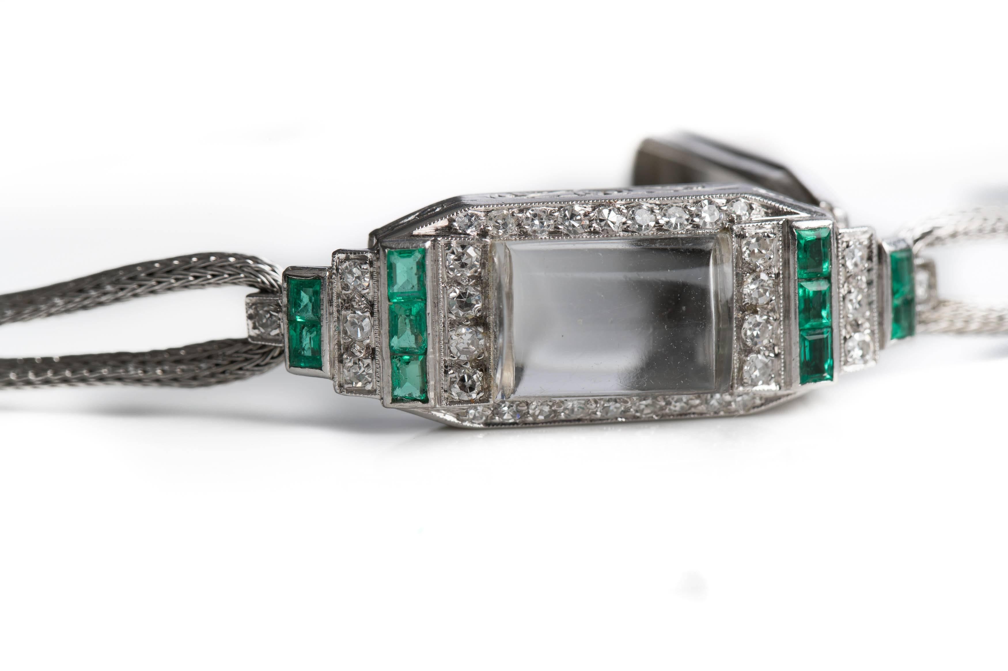 Art Deco Platinum White Gold Diamond Emerald manual Wristwatch, 1920s  1