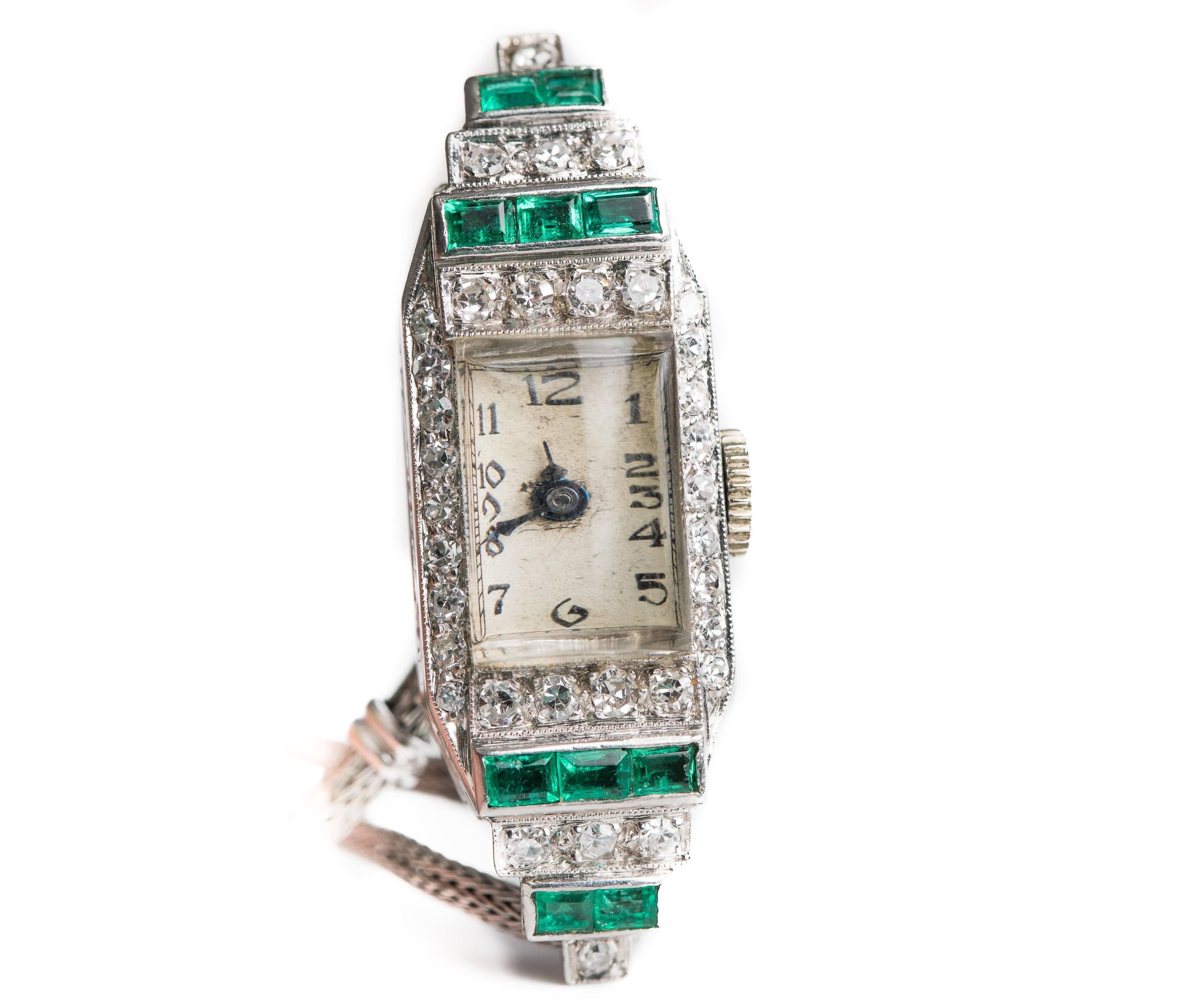 Art Deco Platinum White Gold Diamond Emerald manual Wristwatch, 1920s  2
