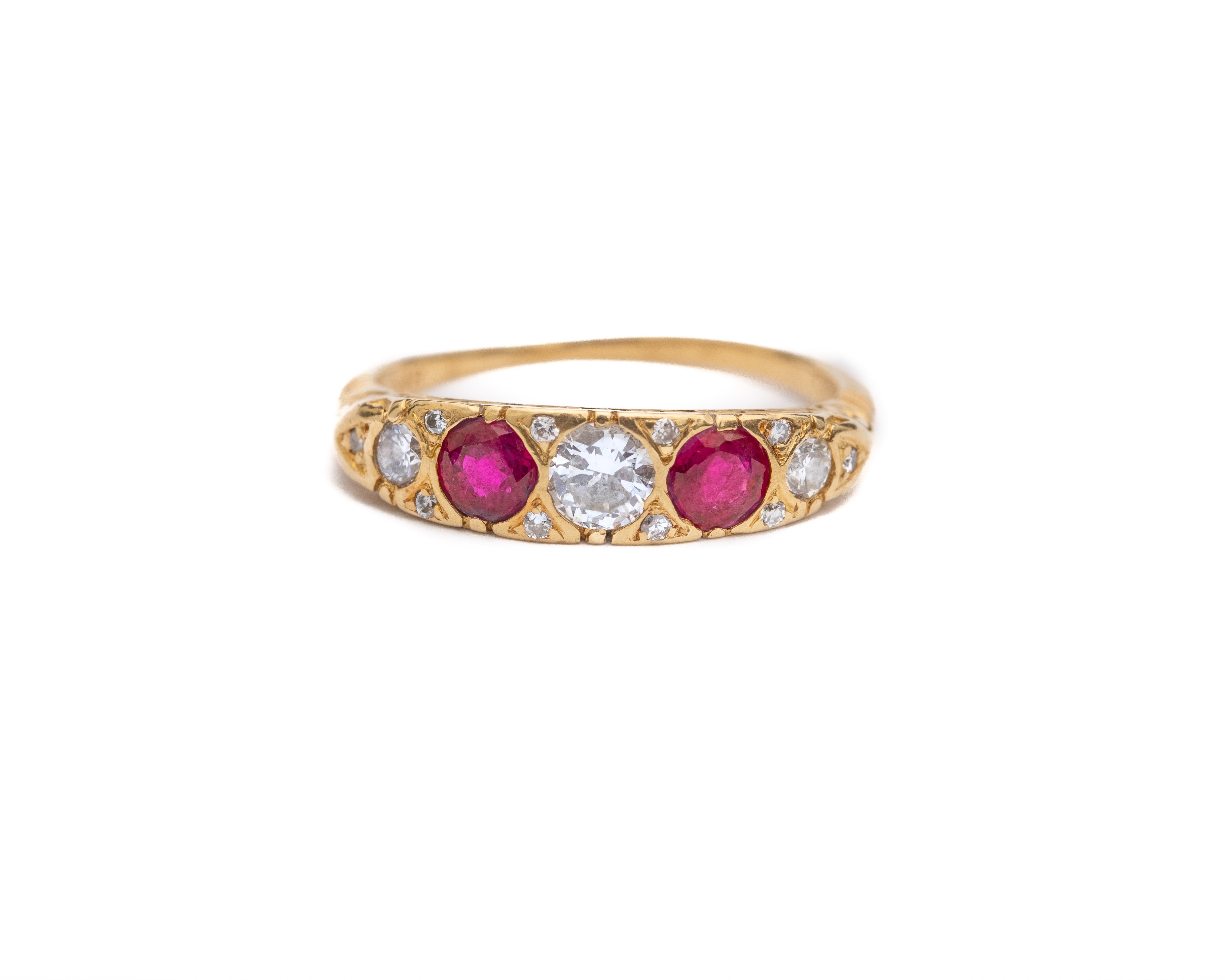 Item Description: 
Metal type: 18 Karat Yellow Gold
Weight: 2.6 grams
Ring Size: 5 (resizable)

Diamond Details;
Cut: Old European Cut
Carat: .48 carats
Weight: G
Clarity: VS

Ruby Details:
Color: Deep Pigeon Blood Red
Stone Count: 2
Carat: .3