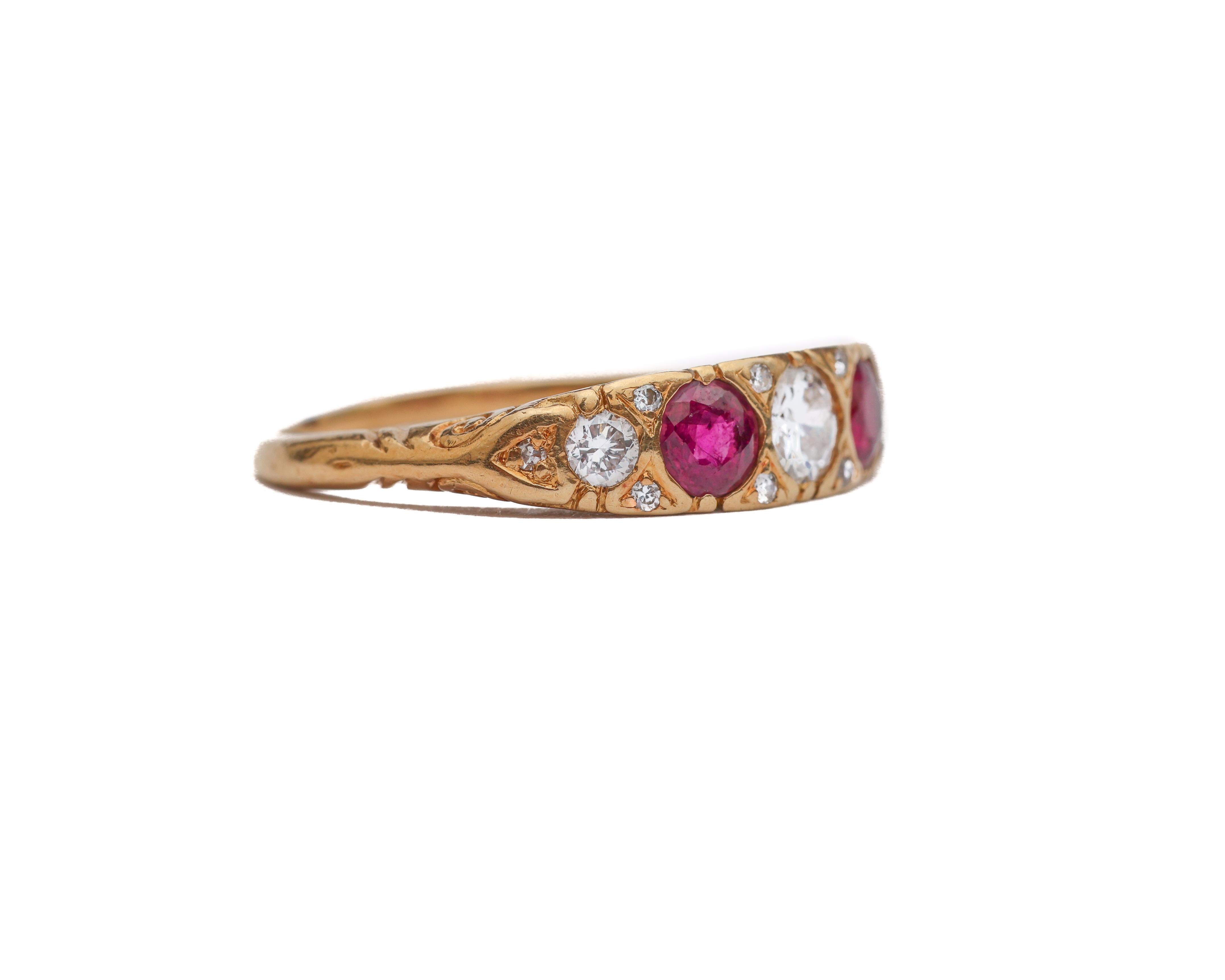 Art Deco 1920s Diamond and Ruby Band Ring, 18 Karat Gold For Sale