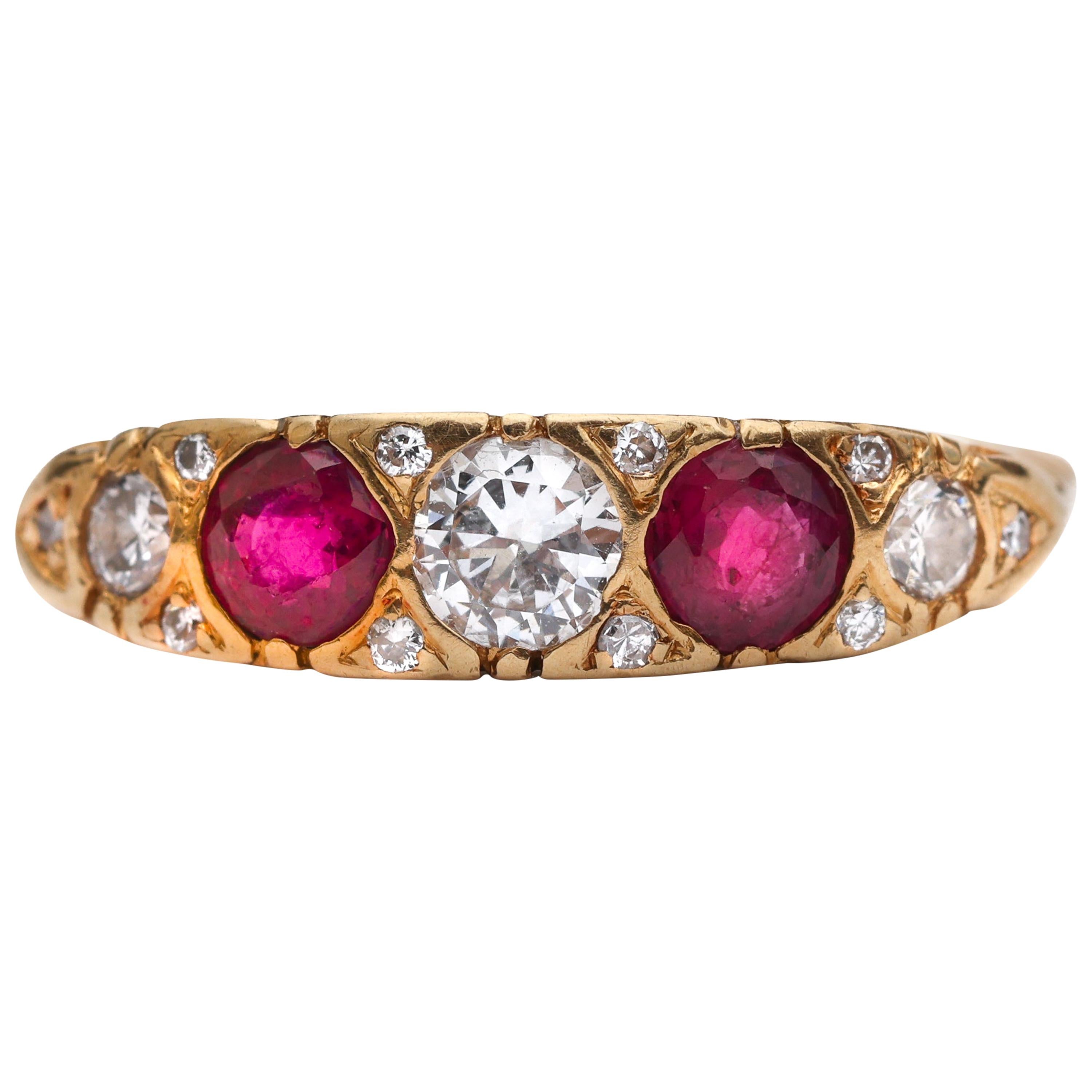 1920s Diamond and Ruby Band Ring, 18 Karat Gold For Sale