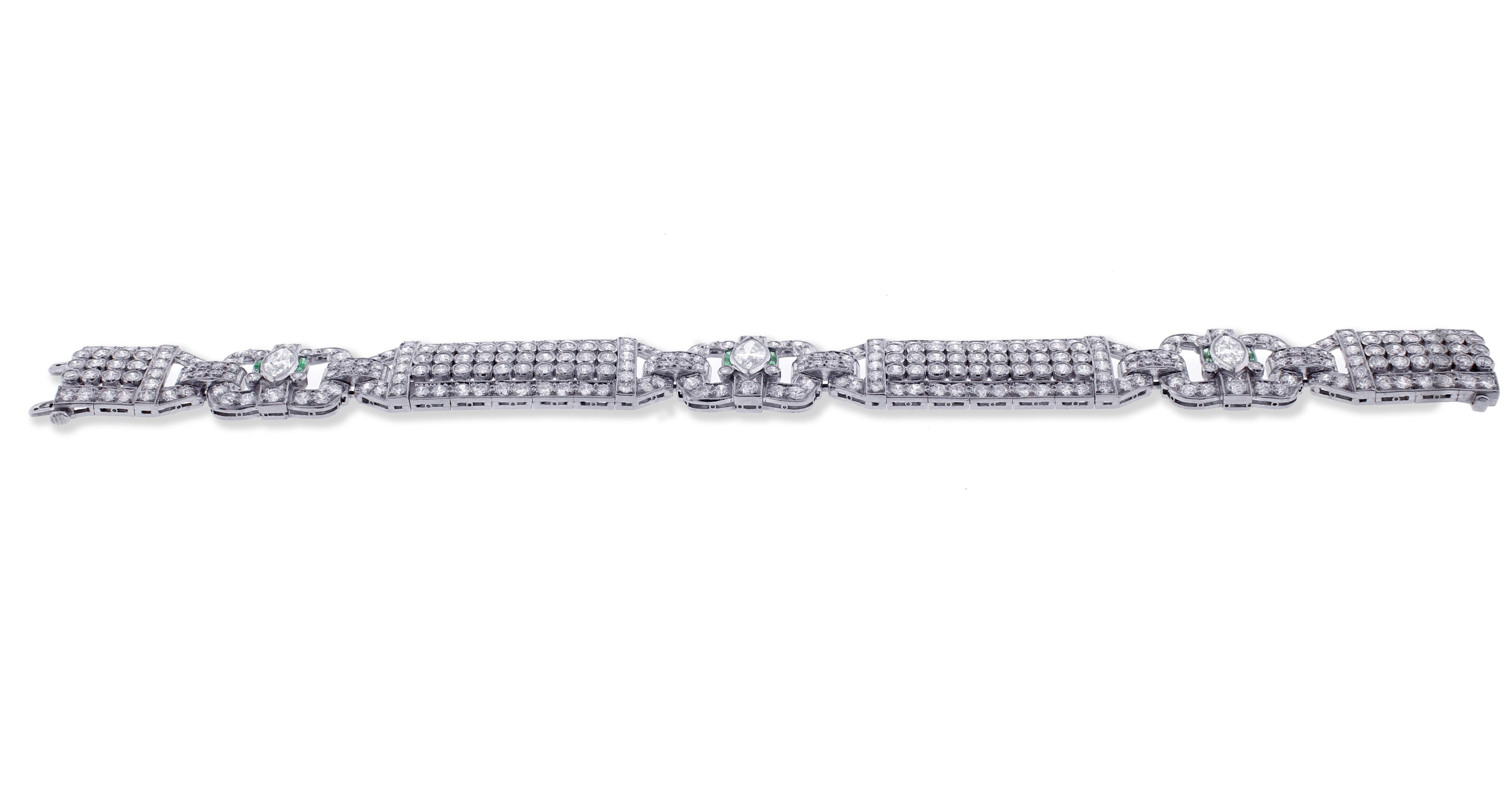 Marquise Cut Diamond and Emerald Art Deco Wide Bracelet For Sale