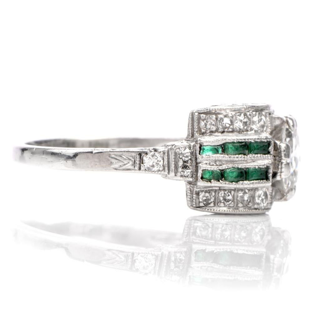 A ring that has stood the test of time as any engagement ring should do.
 This 1920s antique ring  features a centered European cut Diamond

weighing appx. 0.80 carats g-H color, VS clarity. 

Contrasting in shape and color are two rows of deep