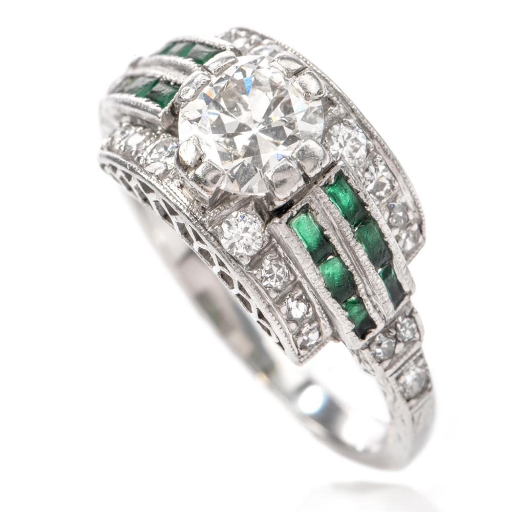 Art Deco 1920s Diamond Emerald Platinum Engagement Ring