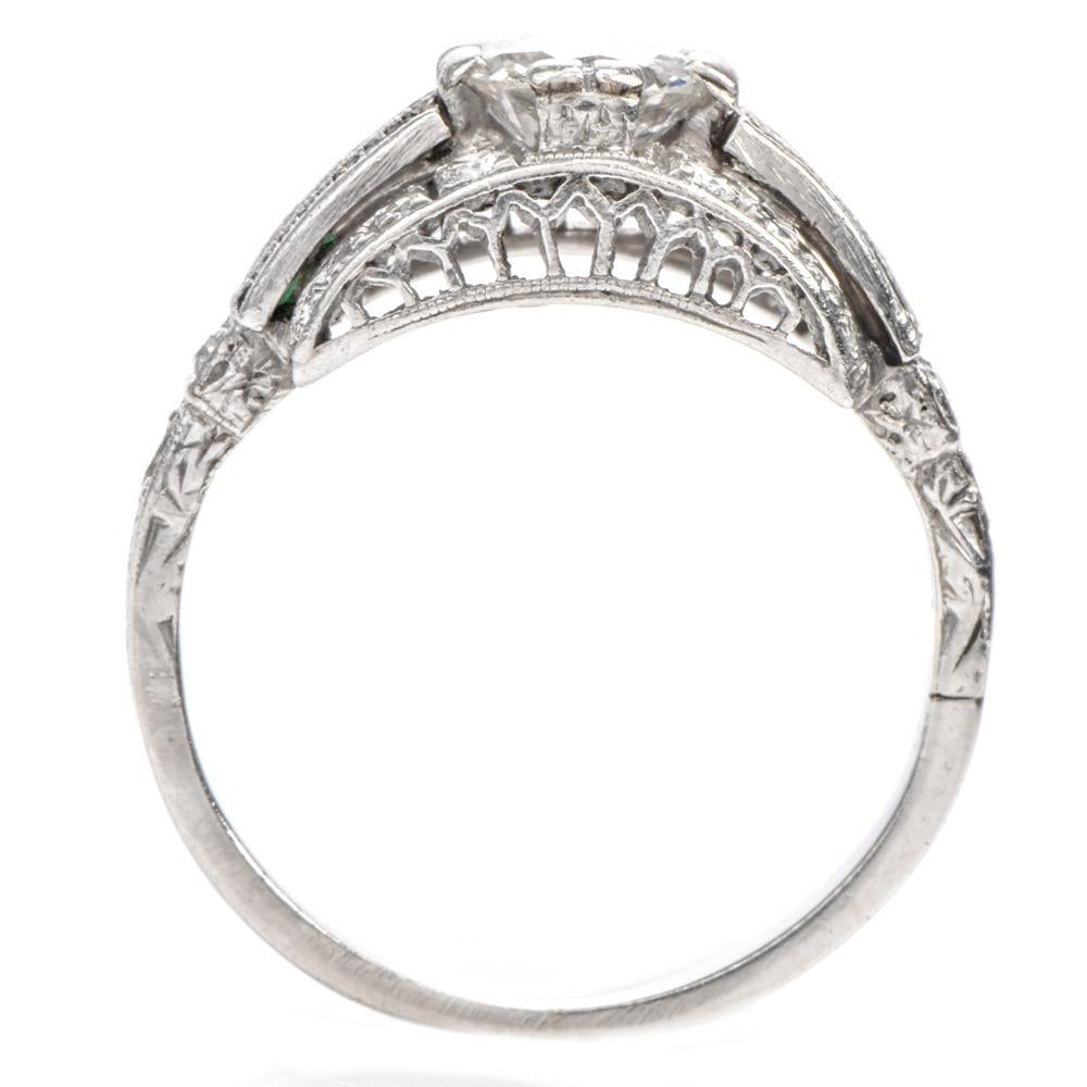 Old European Cut 1920s Diamond Emerald Platinum Engagement Ring