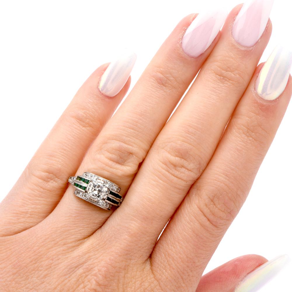 Women's 1920s Diamond Emerald Platinum Engagement Ring