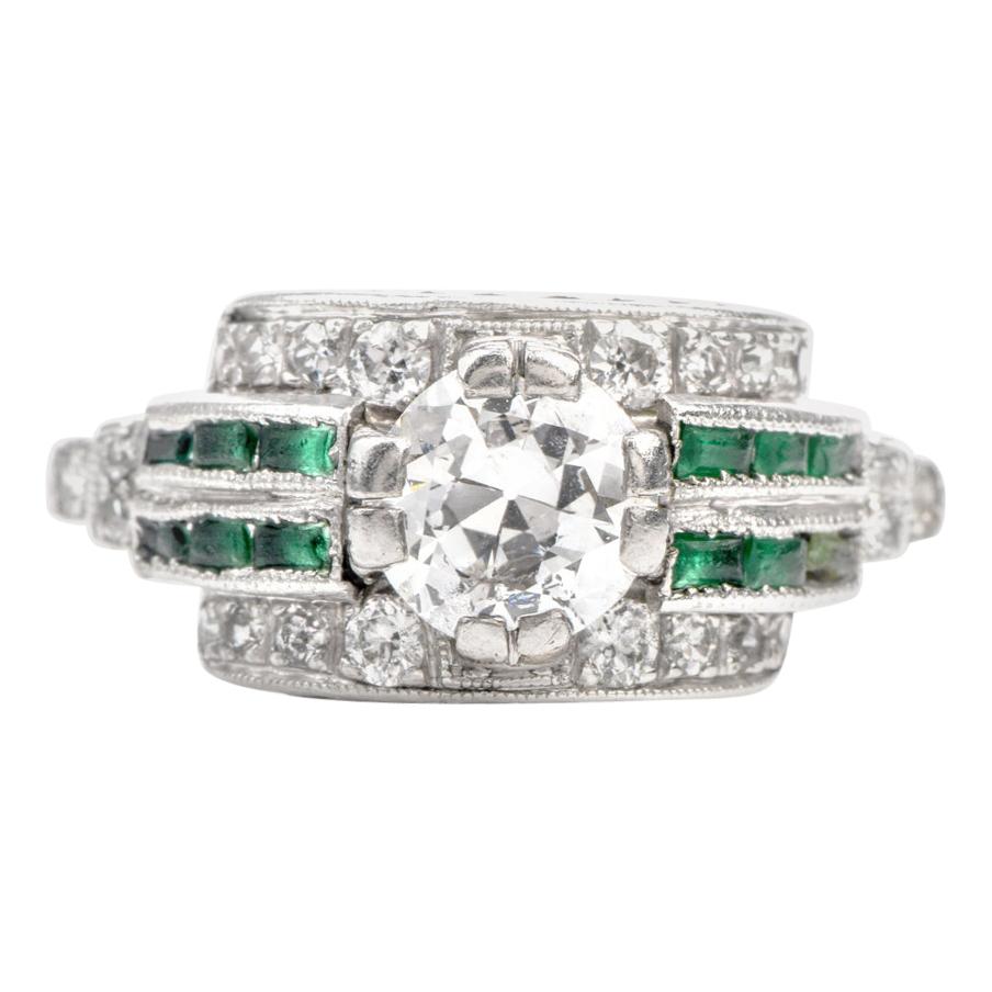 1920s Diamond Emerald Platinum Engagement Ring