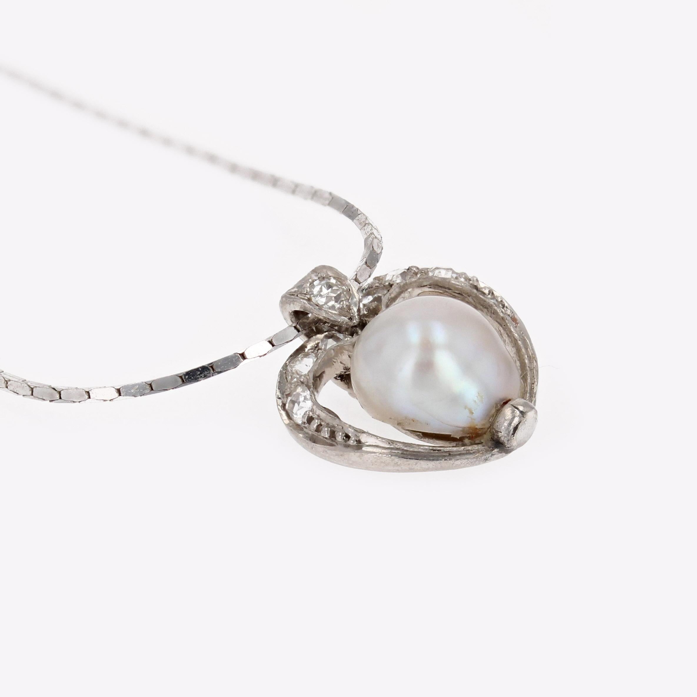 1920s Diamond Fine Pearl Platinum Pendant and 18 Karat White Gold Chain Necklace For Sale 6