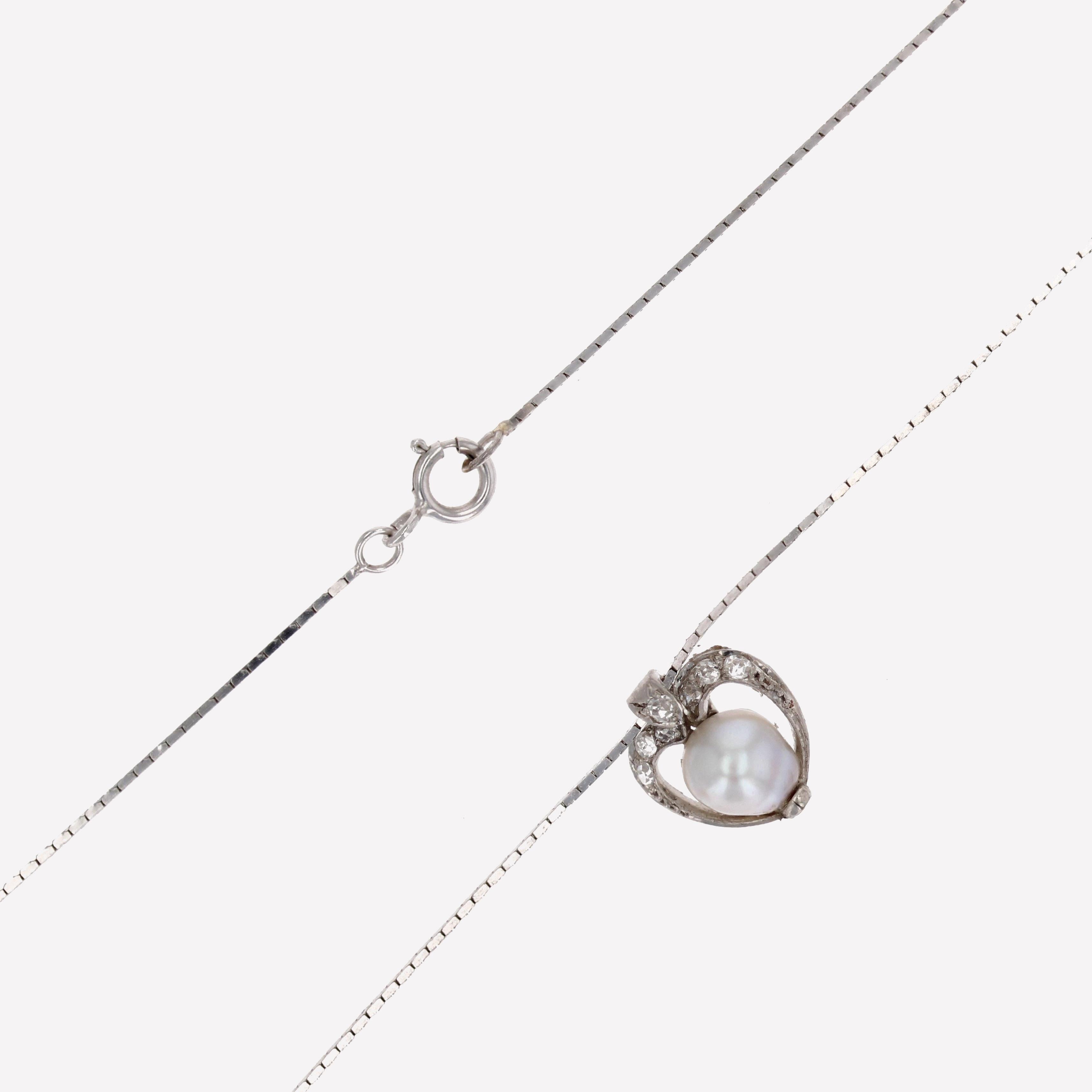 1920s Diamond Fine Pearl Platinum Pendant and 18 Karat White Gold Chain Necklace For Sale 9