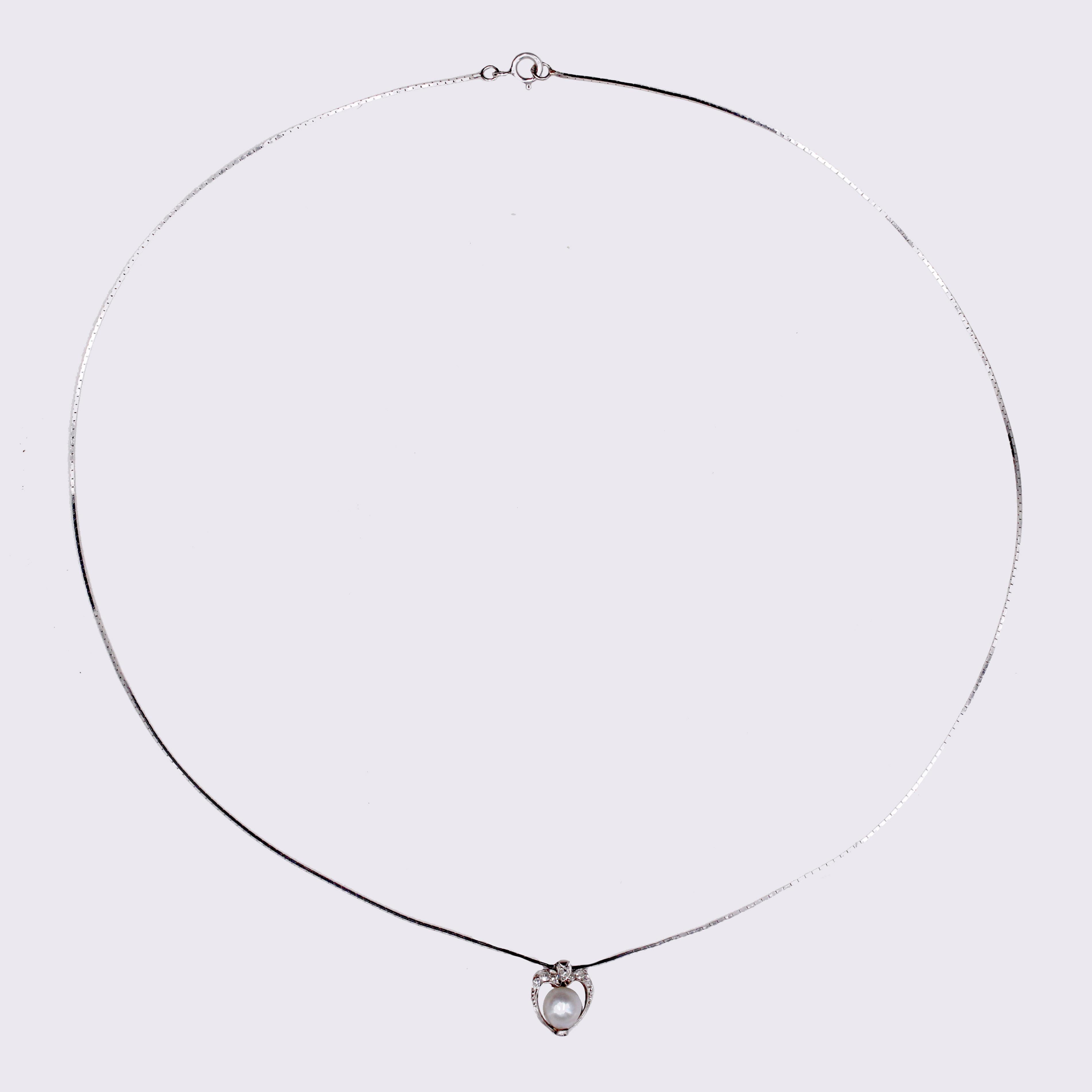 Antique Cushion Cut 1920s Diamond Fine Pearl Platinum Pendant and 18 Karat White Gold Chain Necklace For Sale