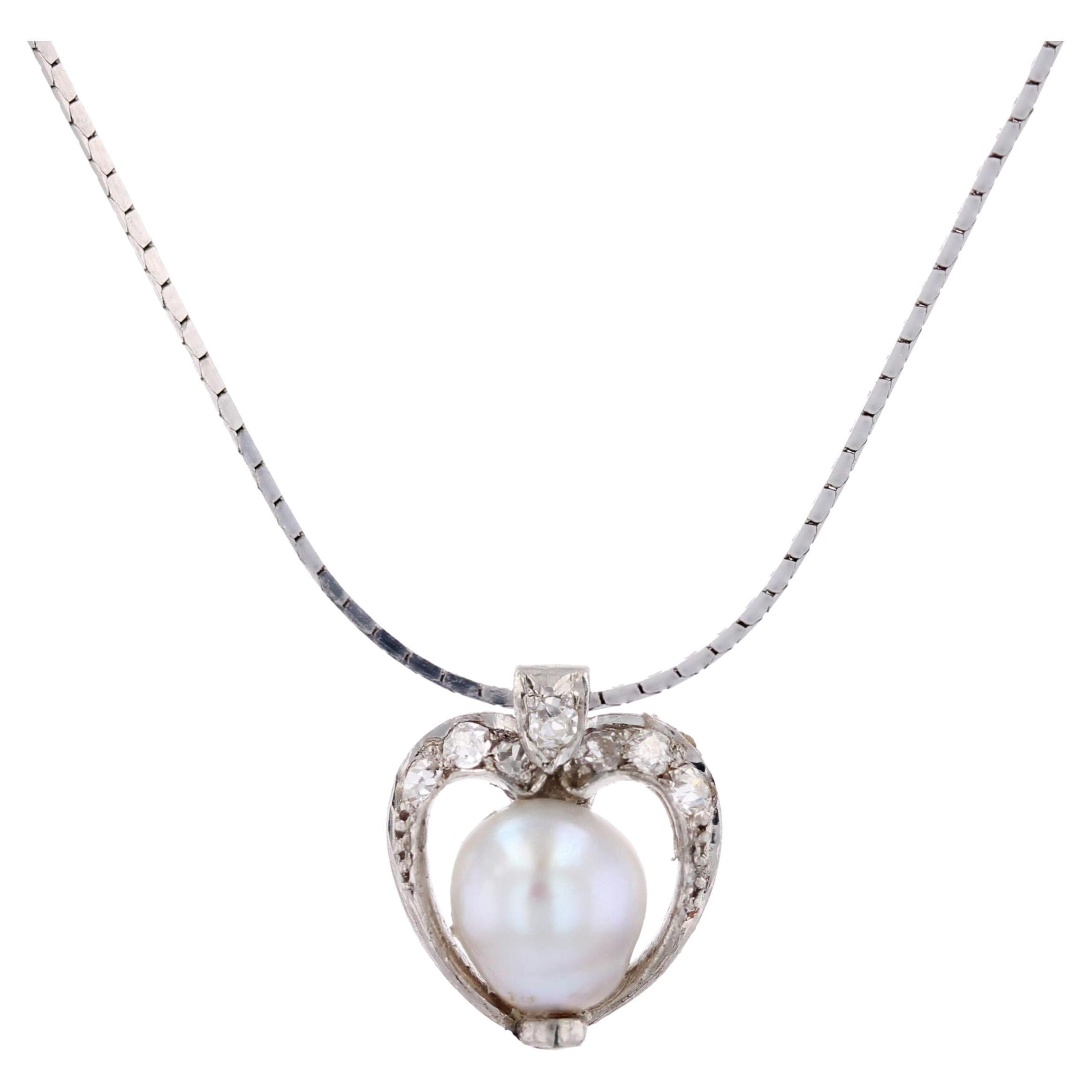 1920s Diamond Fine Pearl Platinum Pendant and 18 Karat White Gold Chain Necklace