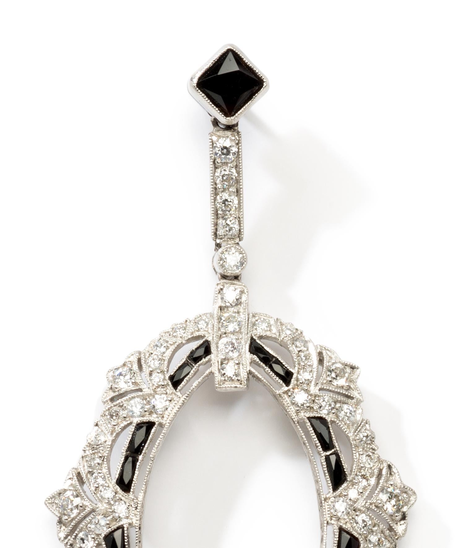 Old Mine Cut 1920s Diamond, Onyx, Platinum Dangle Earrings