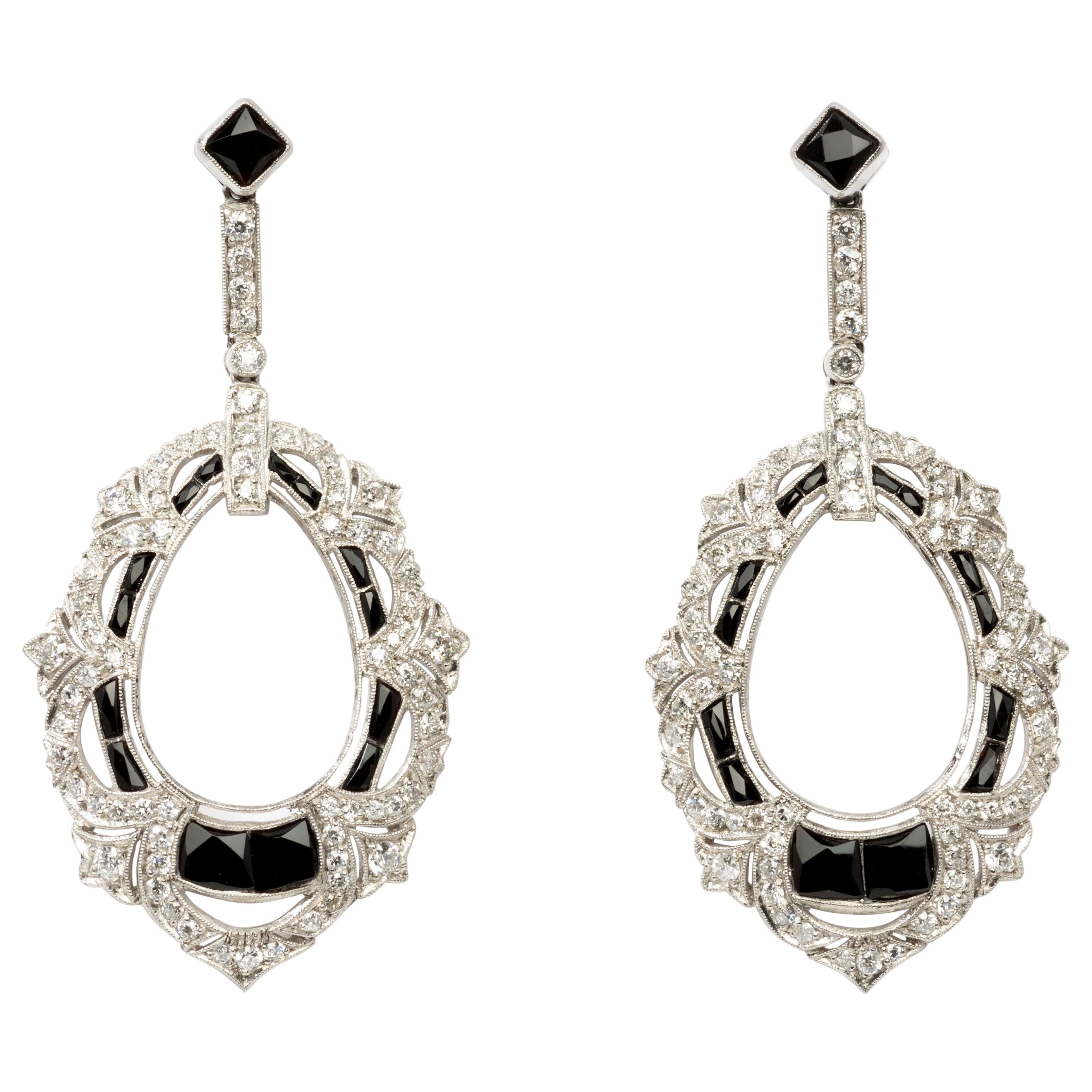 1920s Diamond, Onyx, Platinum Dangle Earrings