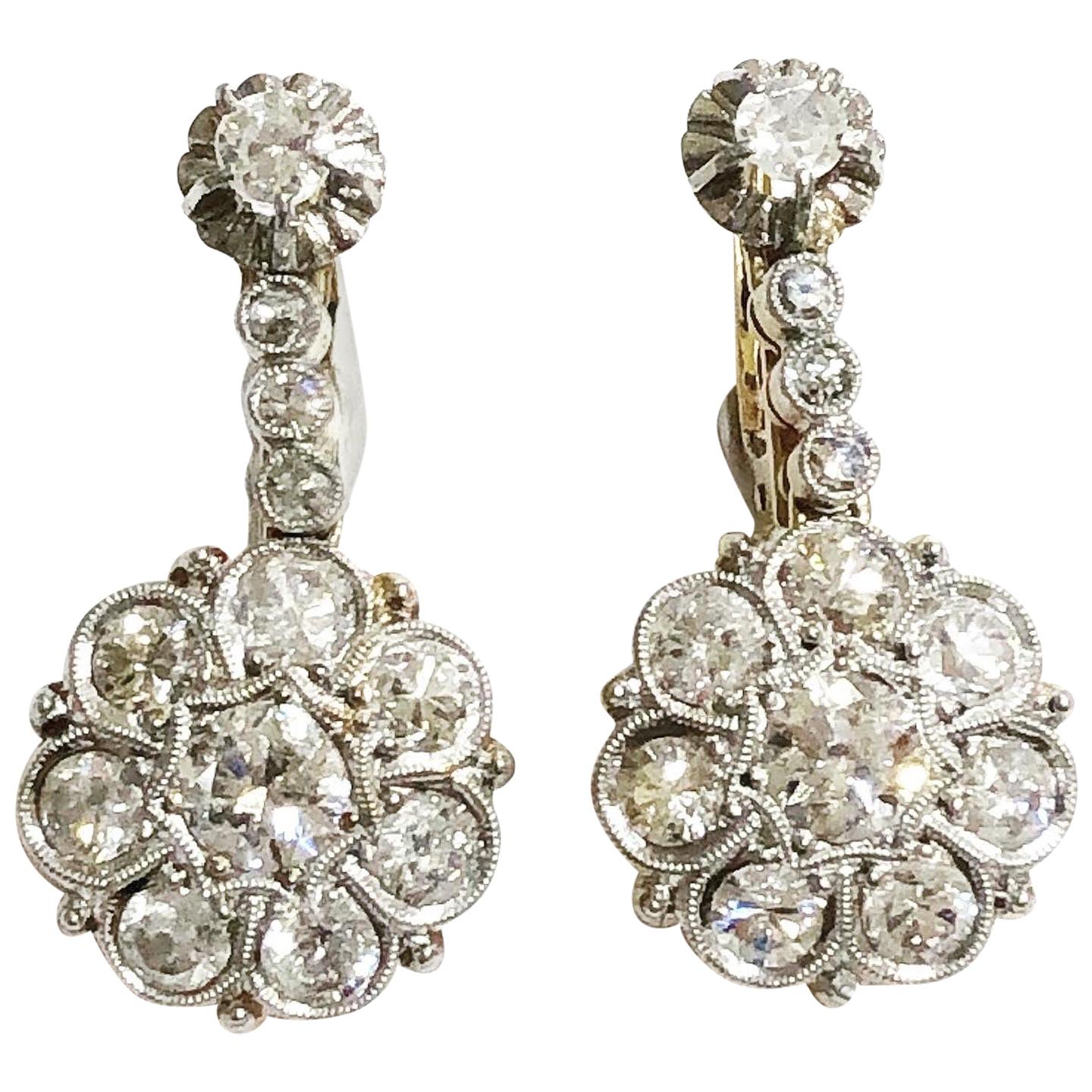 1920s Diamond Platinum Yellow Gold Round Dangle Drop Earrings