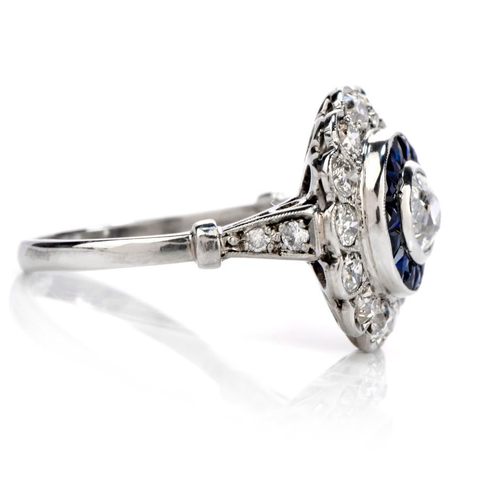 Art Deco 1920s Diamond Sapphire Platinum Old European Cut Cluster Ring