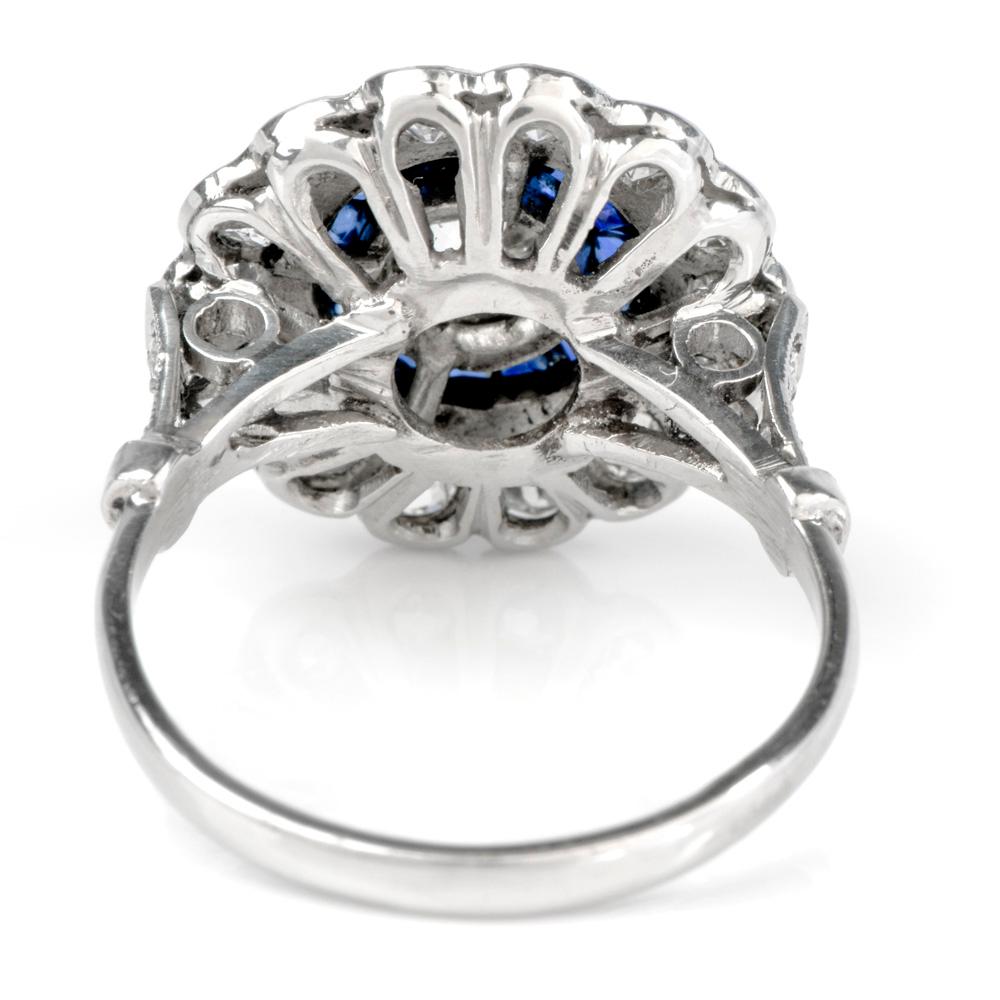 1920s Diamond Sapphire Platinum Old European Cut Cluster Ring In Excellent Condition In Miami, FL