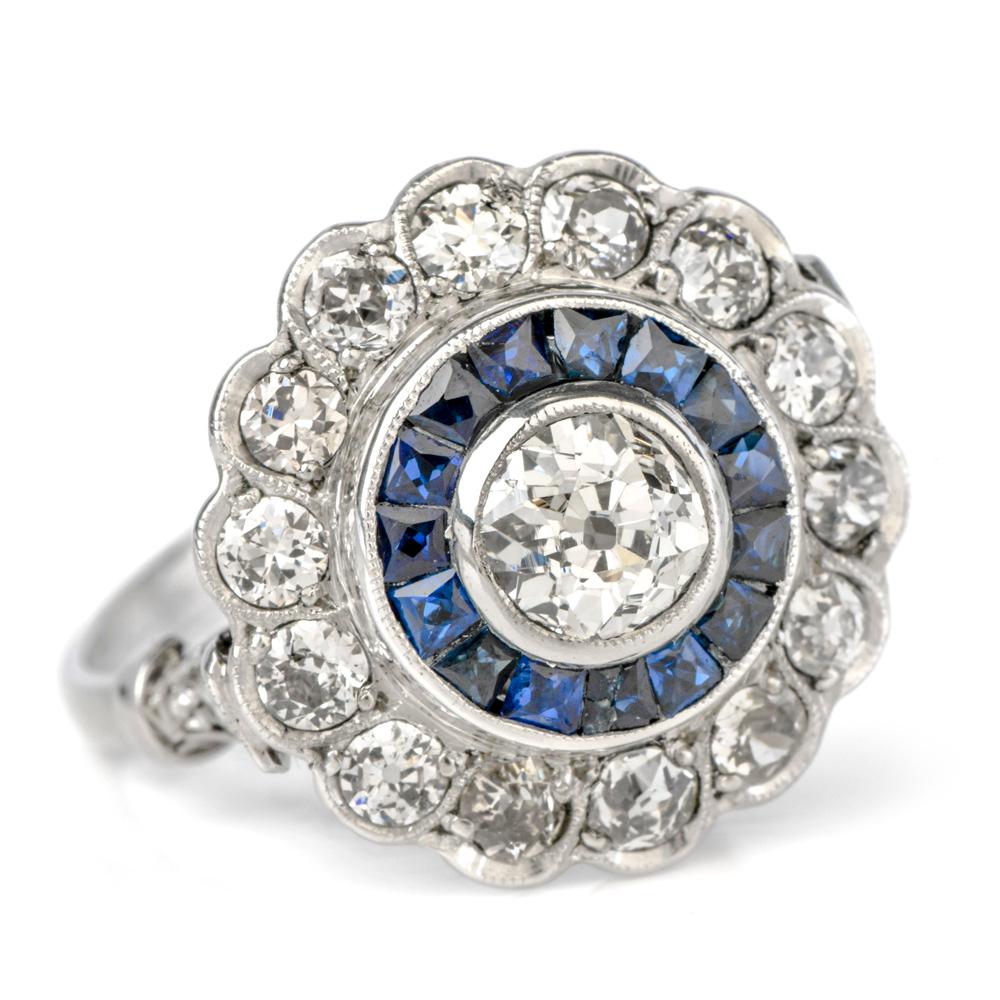 Women's 1920s Diamond Sapphire Platinum Old European Cut Cluster Ring