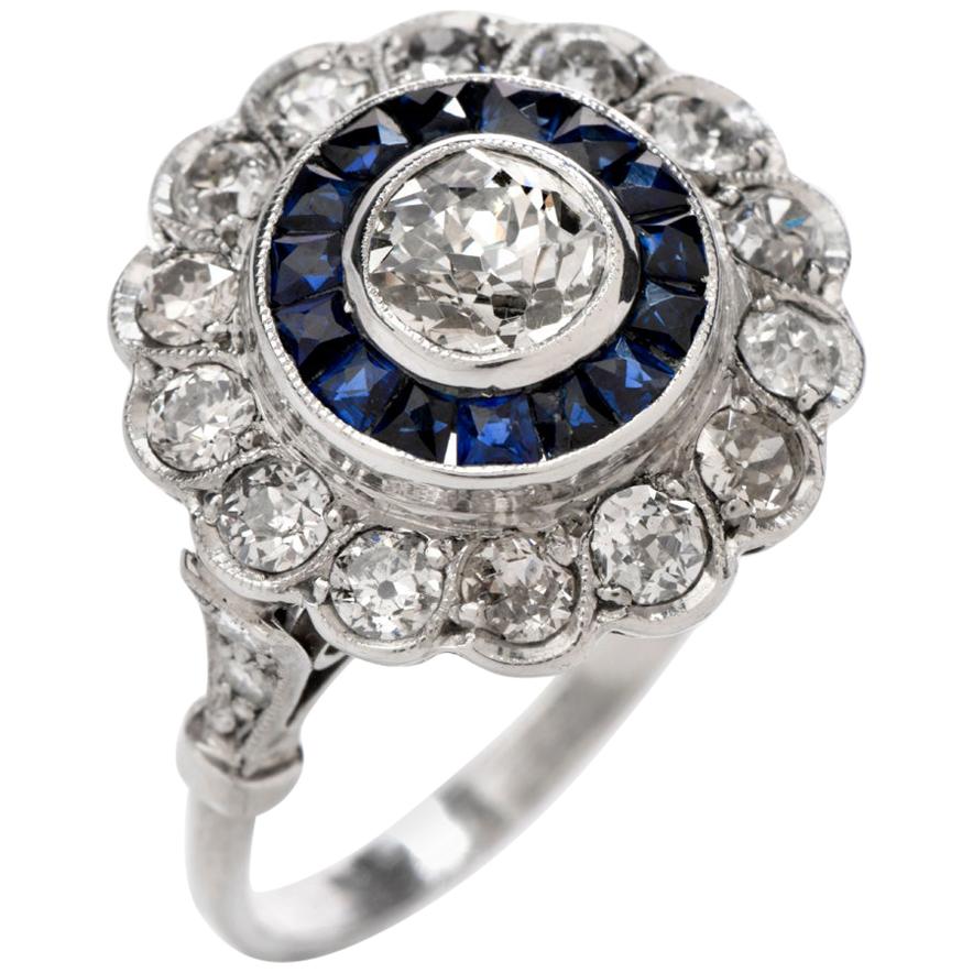 1920s Diamond Sapphire Platinum Old European Cut Cluster Ring
