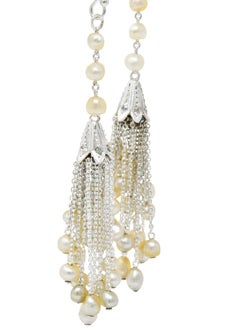 1920s Diamond Seed Pearl Platinum 14 Karat White Gold Tassel Drop Deco Earrings