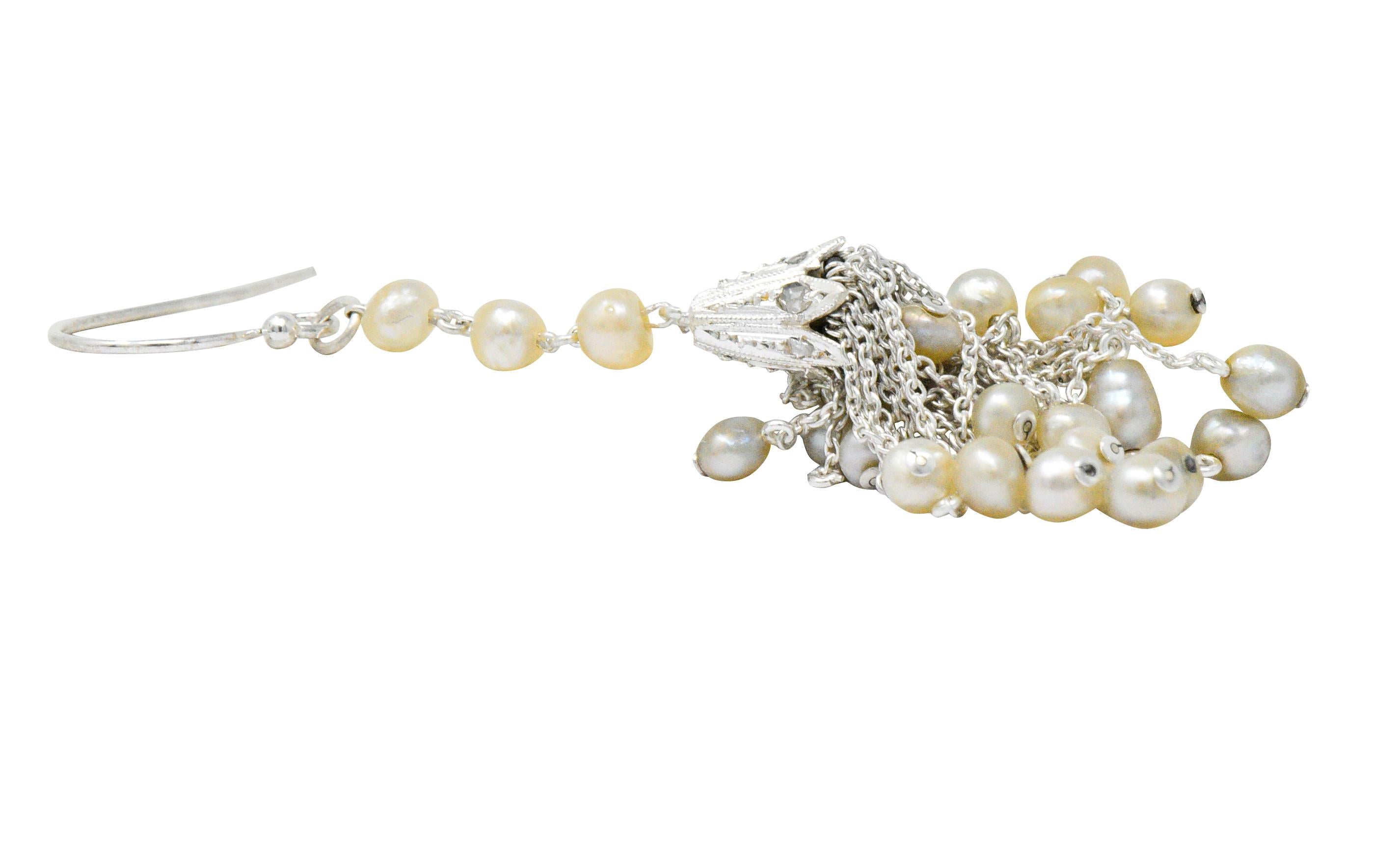 1920s Diamond Seed Pearl Platinum 14 Karat White Gold Tassel Drop Deco Earrings (Rosenschliff)