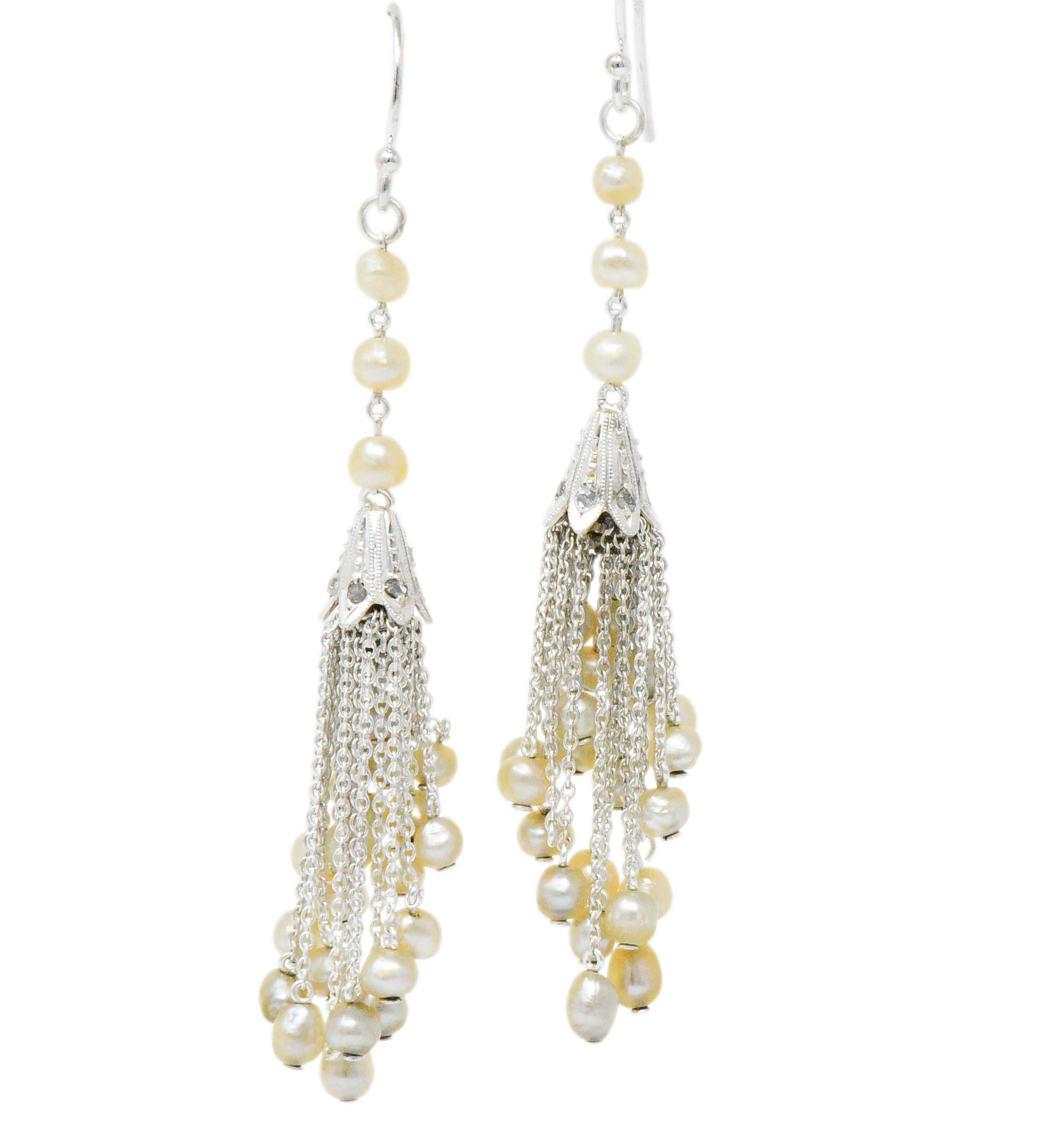 1920s Diamond Seed Pearl Platinum 14 Karat White Gold Tassel Drop Deco Earrings