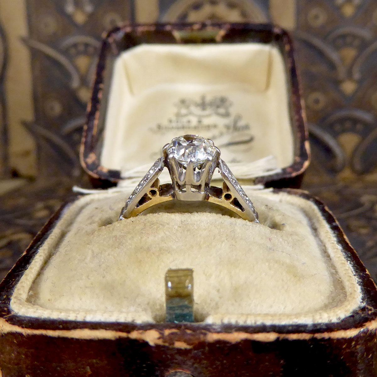 Old European Cut 1920's Diamond Solitaire Ring with Diamond Shoulders in 18ct Yellow Gold & Plat
