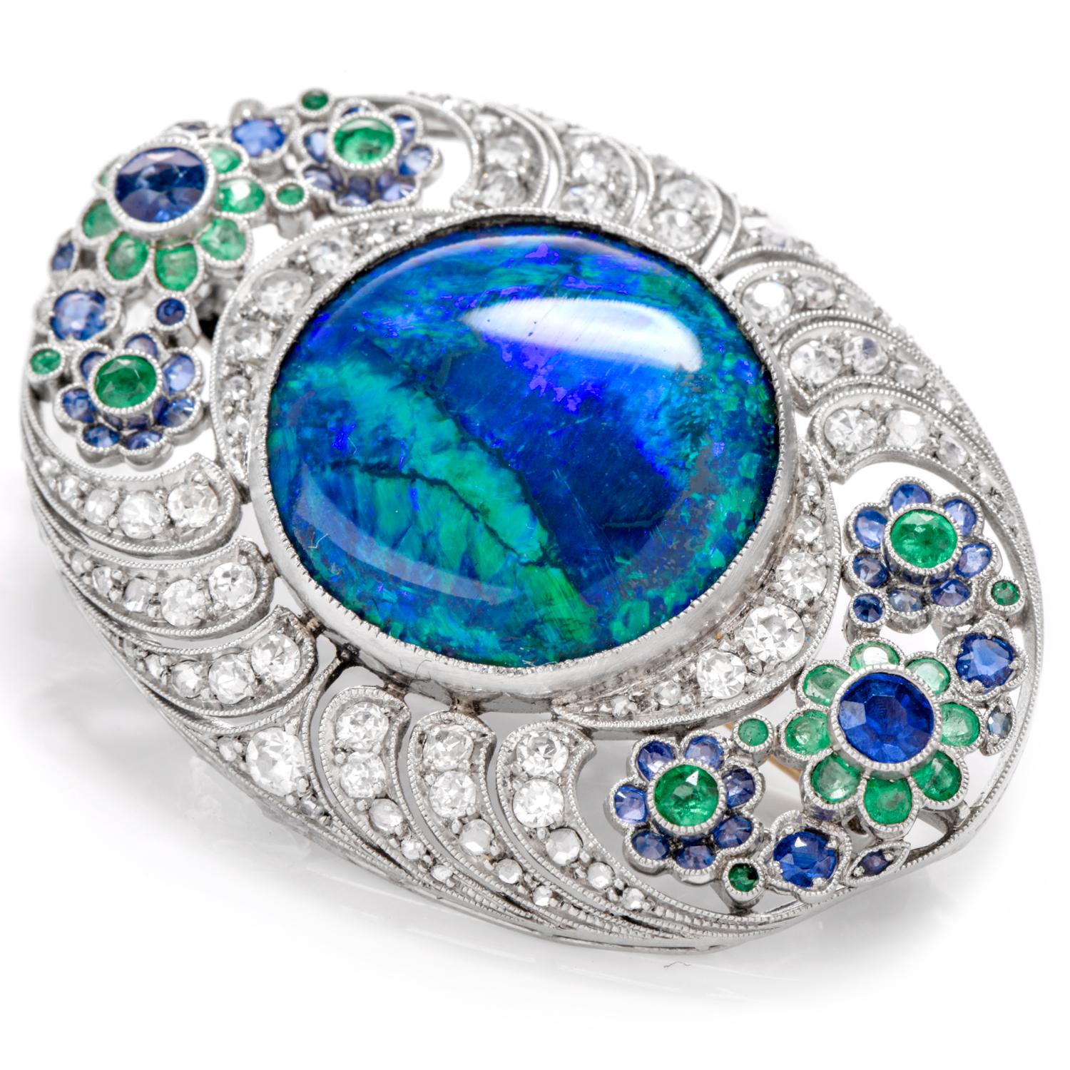 Art Deco 1920s Diamond Stone Black Opal Sapphire and Emerald Floral Bouquet Brooch