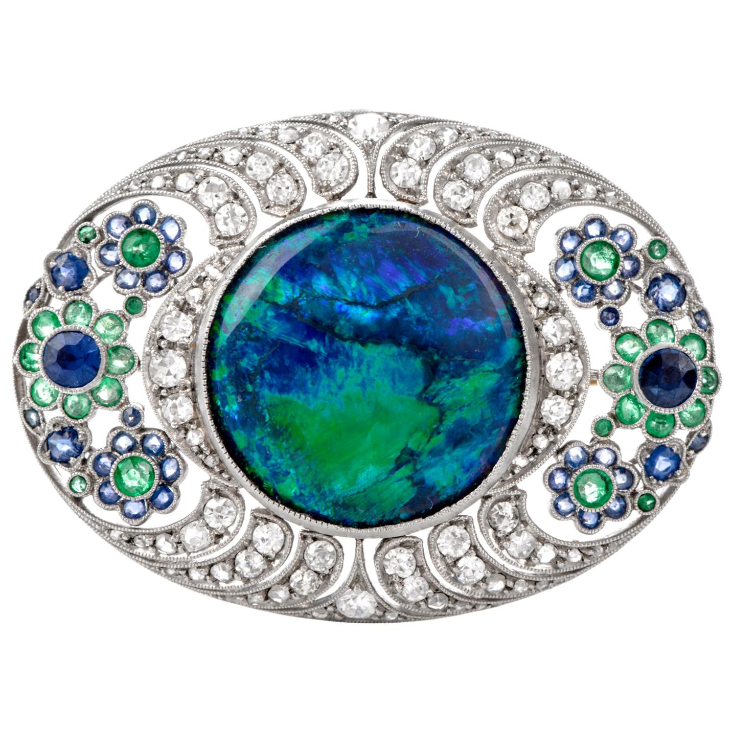 1920s Diamond Stone Black Opal Sapphire and Emerald Floral Bouquet Brooch