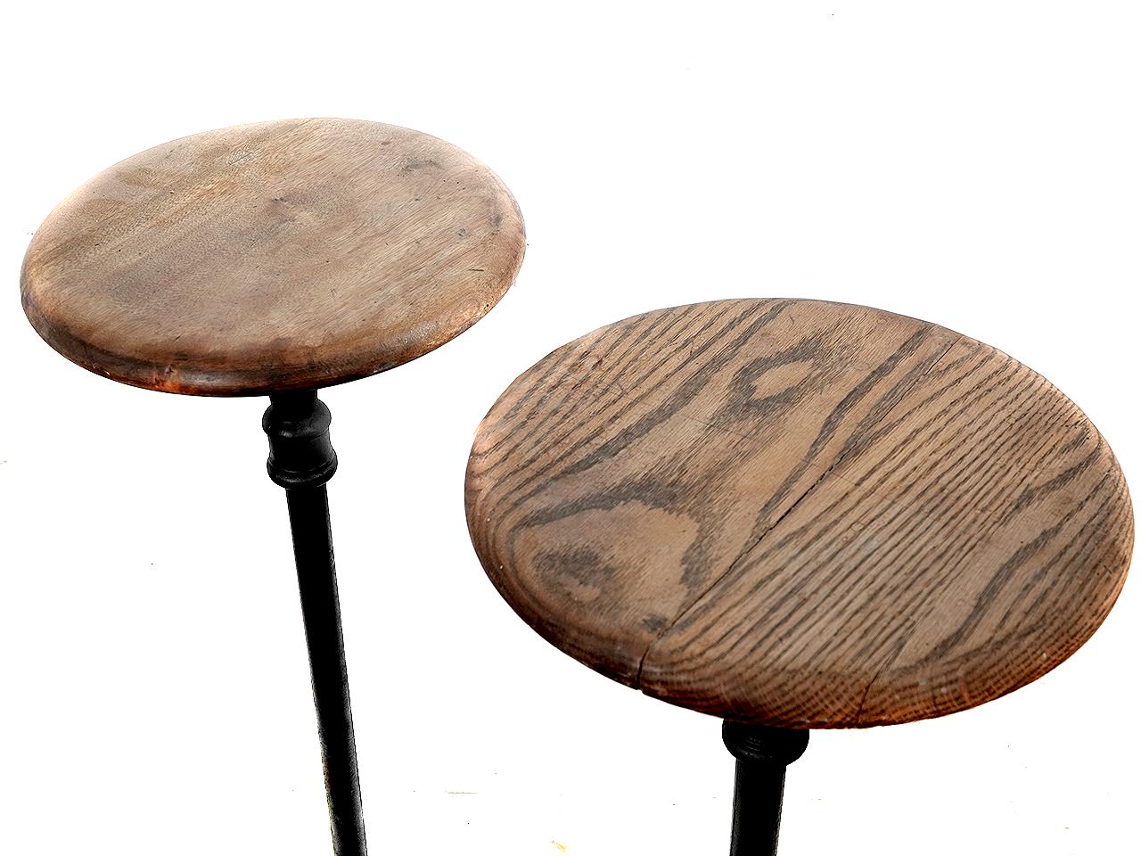 Its very difficult to find these early and simple bolt down stools. 100 years ago these were commonly found in the very first wooden dinners or in railroad cars. We are selling and priced these as a pair. 