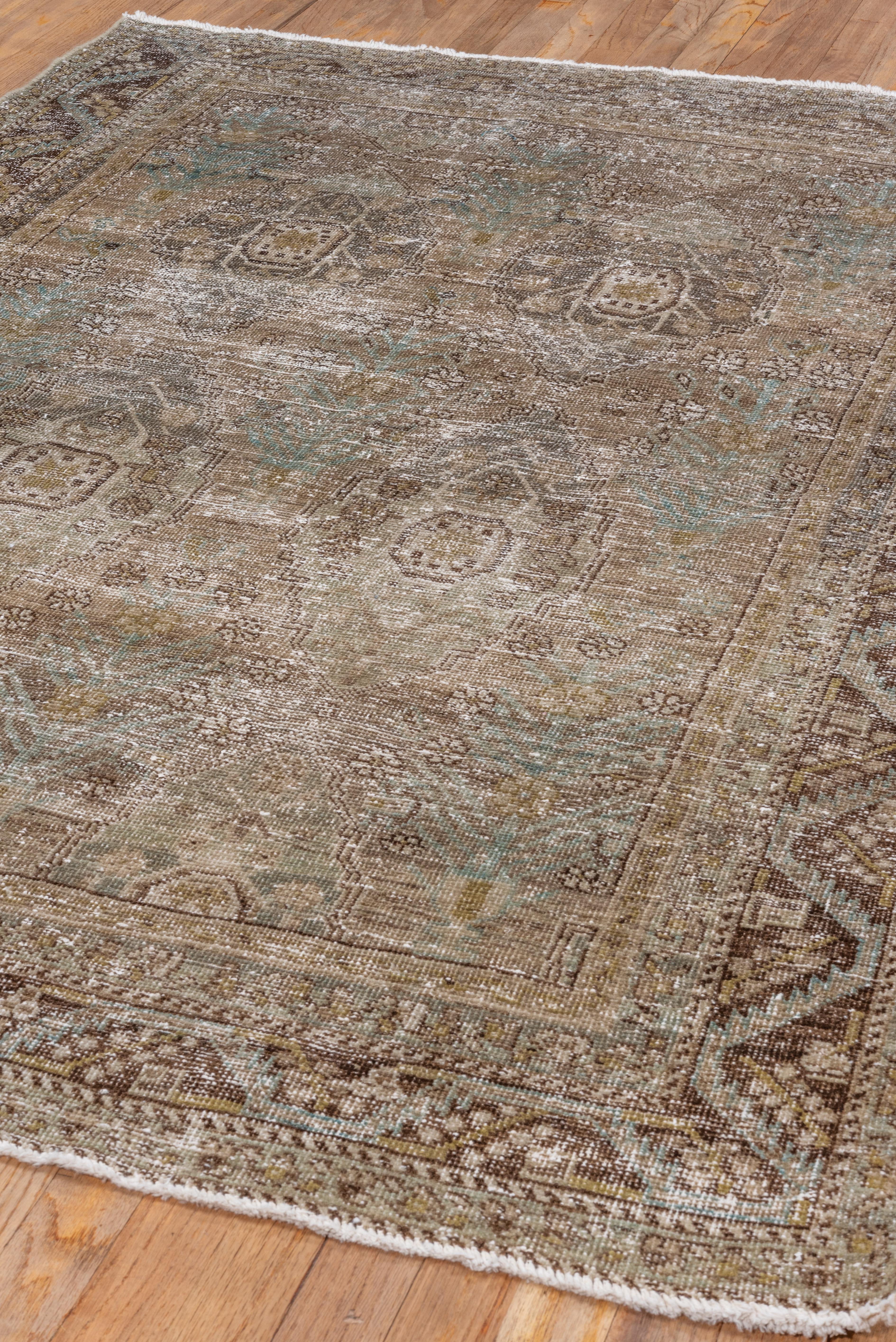 Hand-Knotted 1920s Distressed Antique Turkish Sivas Rug, Earth Tones, Light Blue Accents For Sale