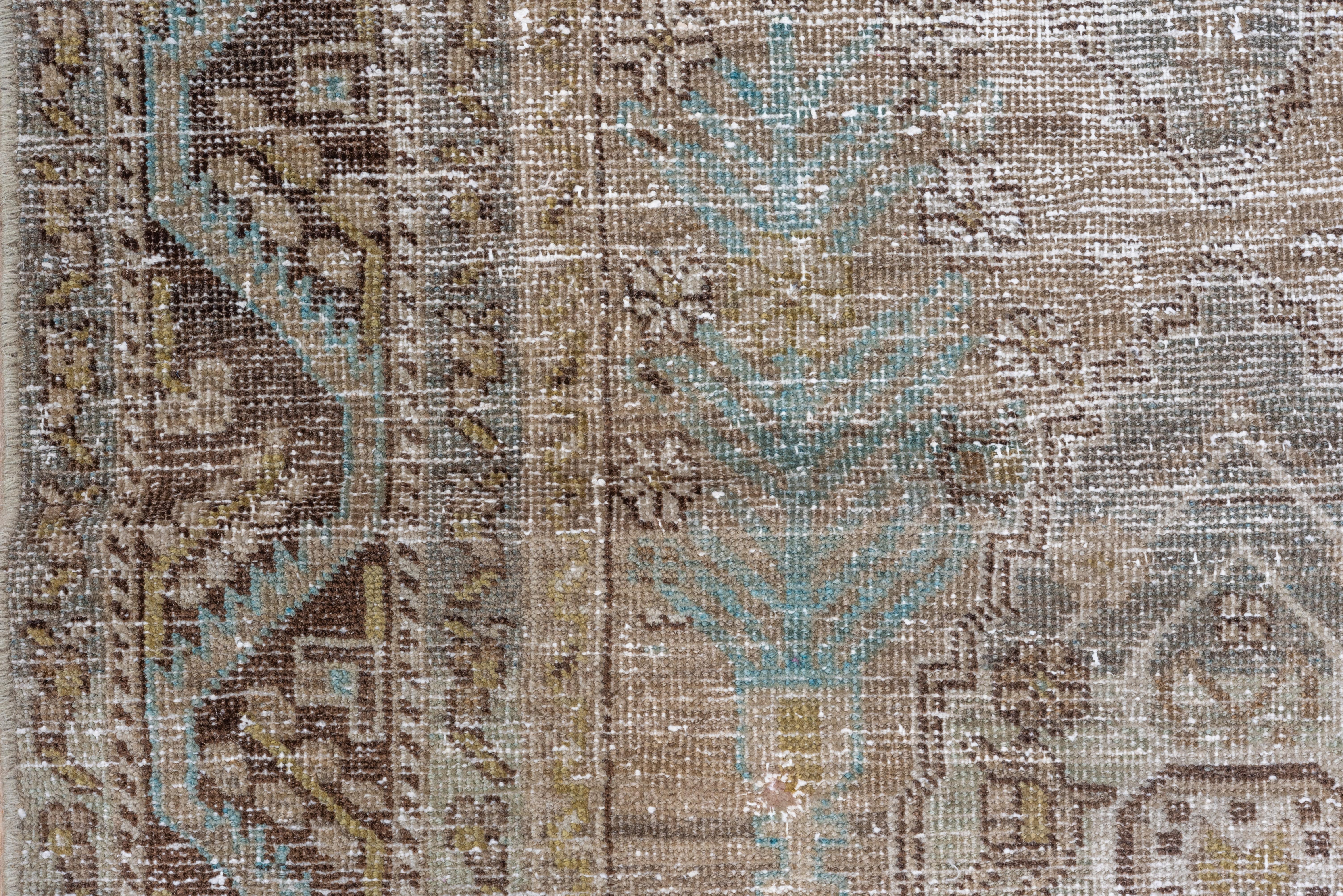 Wool 1920s Distressed Antique Turkish Sivas Rug, Earth Tones, Light Blue Accents For Sale